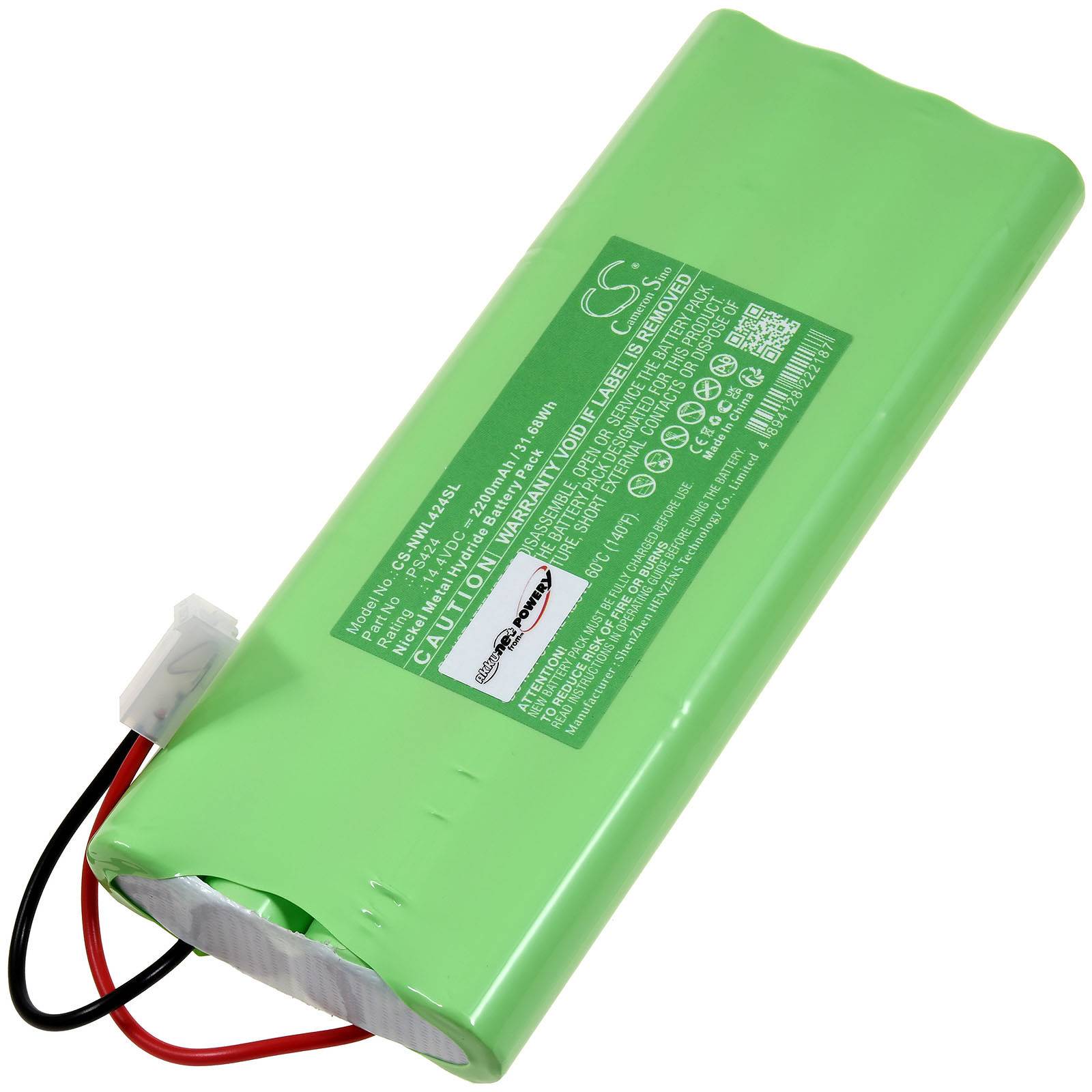 Ein rechteckiges grünes Batteriepack mit Anschlussdrähten und einem Etikett, das Sicherheitsanweisungen und Spezifikationen anzeigt.