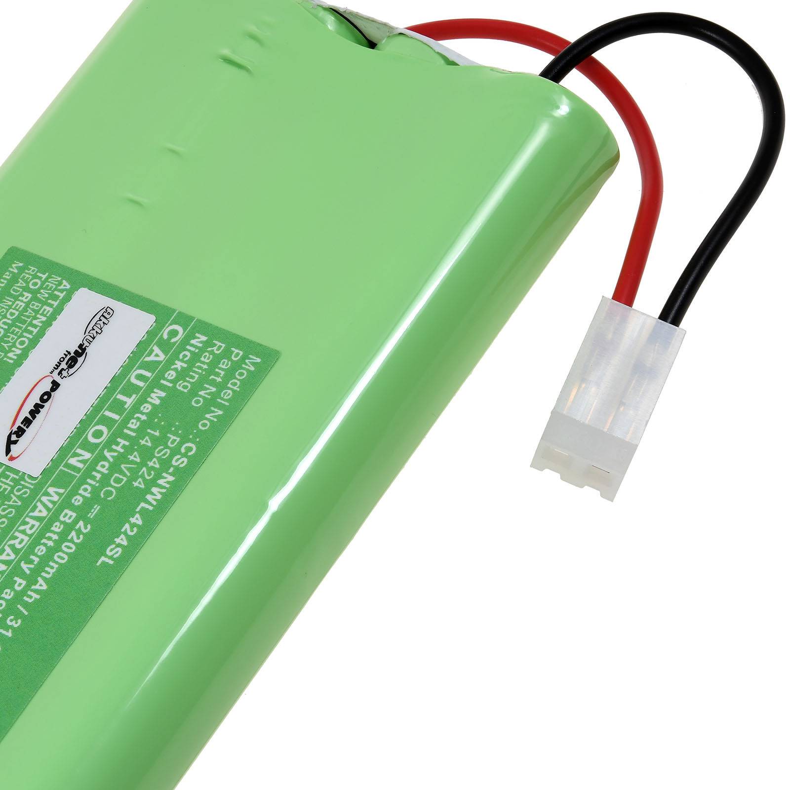 Ein grünes aufladbares Batteriepak mit einer Etikette, auf der Spezifikationen und Warnhinweise angezeigt werden; verbunden durch rote und schwarze Drähte.