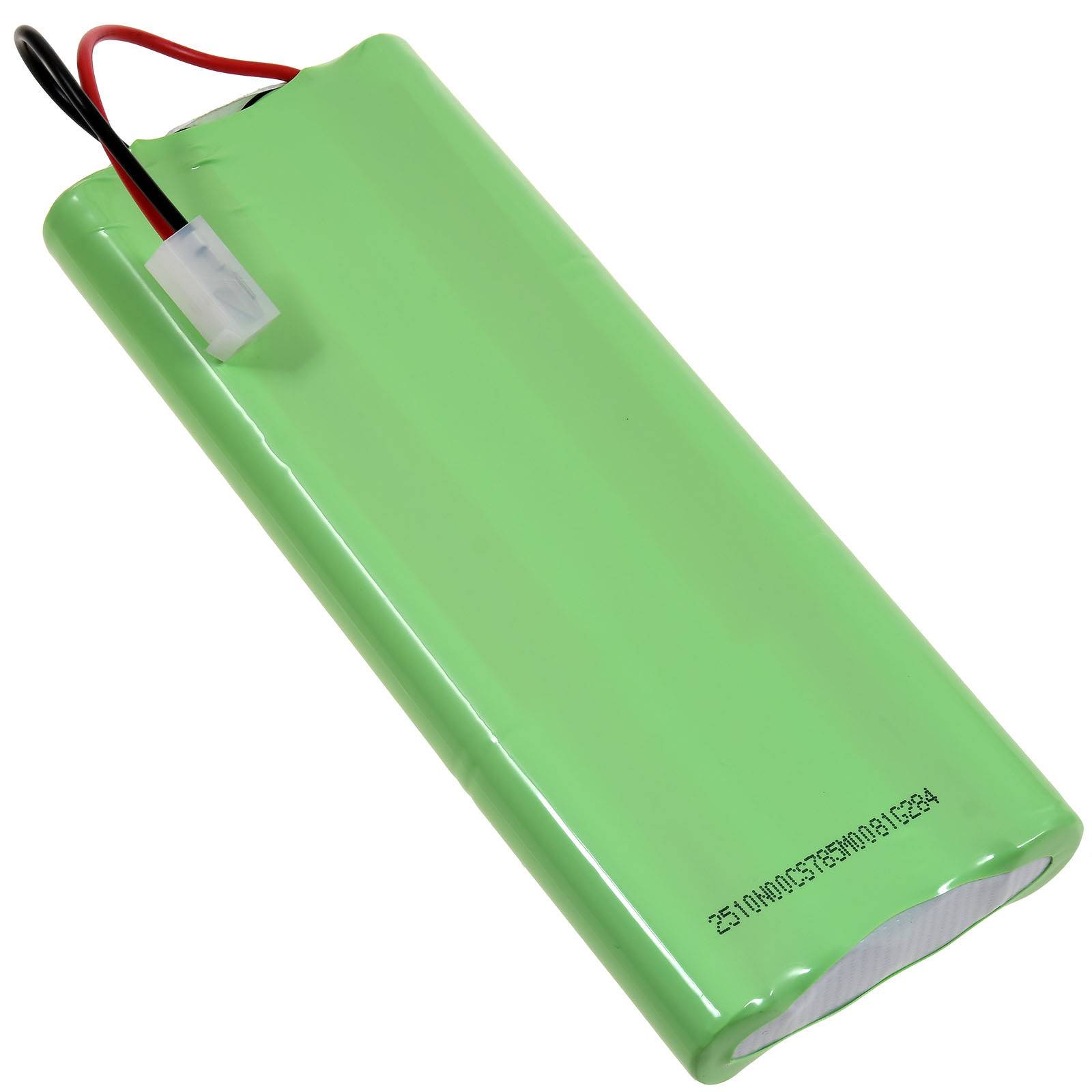 Ein grünes wiederaufladbares Batteriepack mit einem weißen Stecker und schwarzen und roten Kabeln.