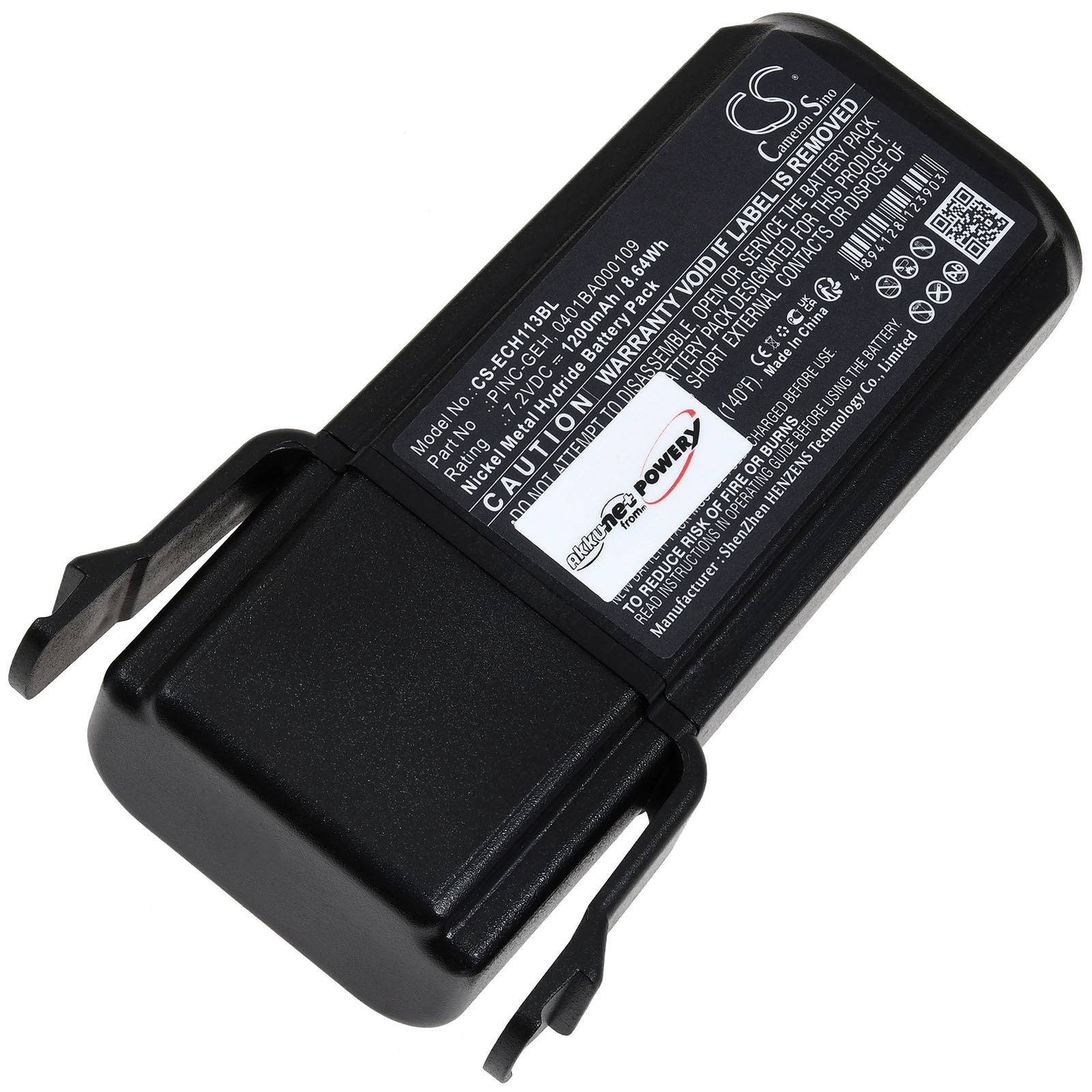 Eine schwarze wiederaufladbare Batterie mit Modelldetails, Warnaufklebern und Branding, konzipiert für ein Funkgerät, mit Kerben für sichere Passung.