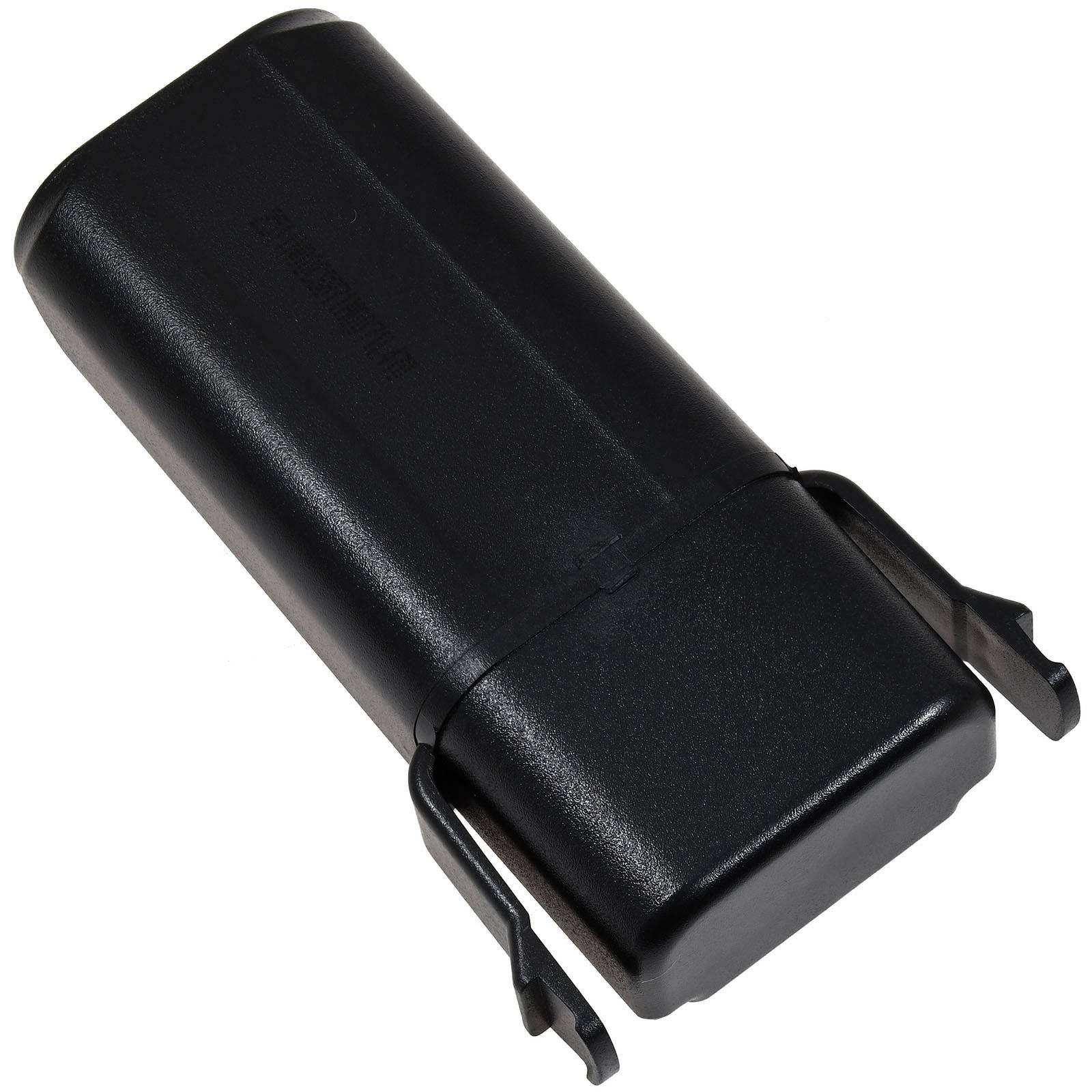 Ein schwarzes Kunststoff-Batteriegehäuse mit zwei angebrachten Drähten und Befestigungsklammern, das zum sicheren Halten von Batterien entwickelt wurde.
