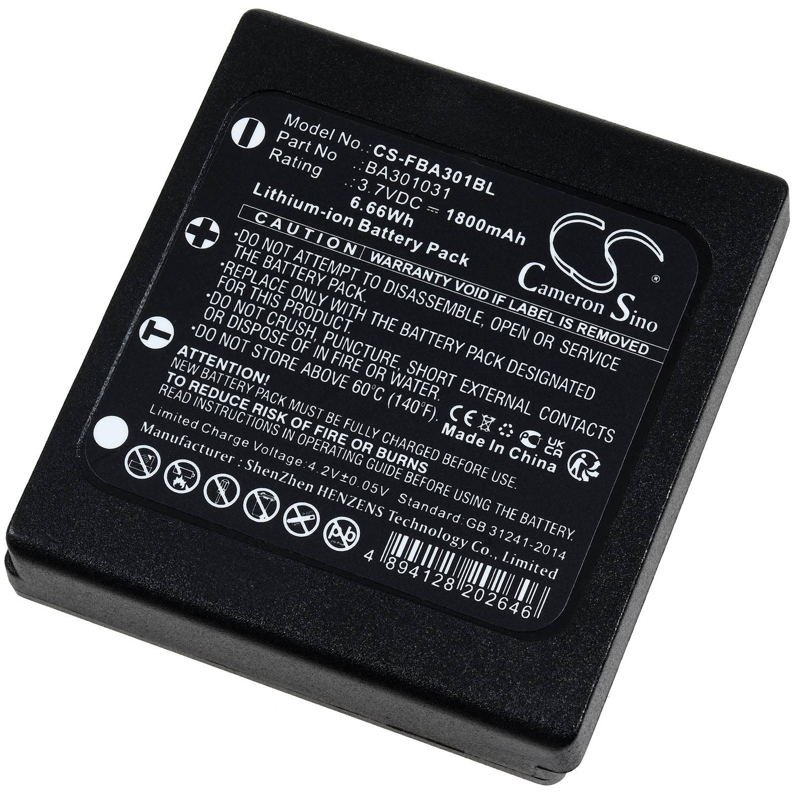 Cameron Sino Lithium-Ionen-Akkupack, Modell CS-FBA301BL, 3,7V, 1800mAh. Sicherheitswarnungen und Installationsanweisungen inbegriffen.