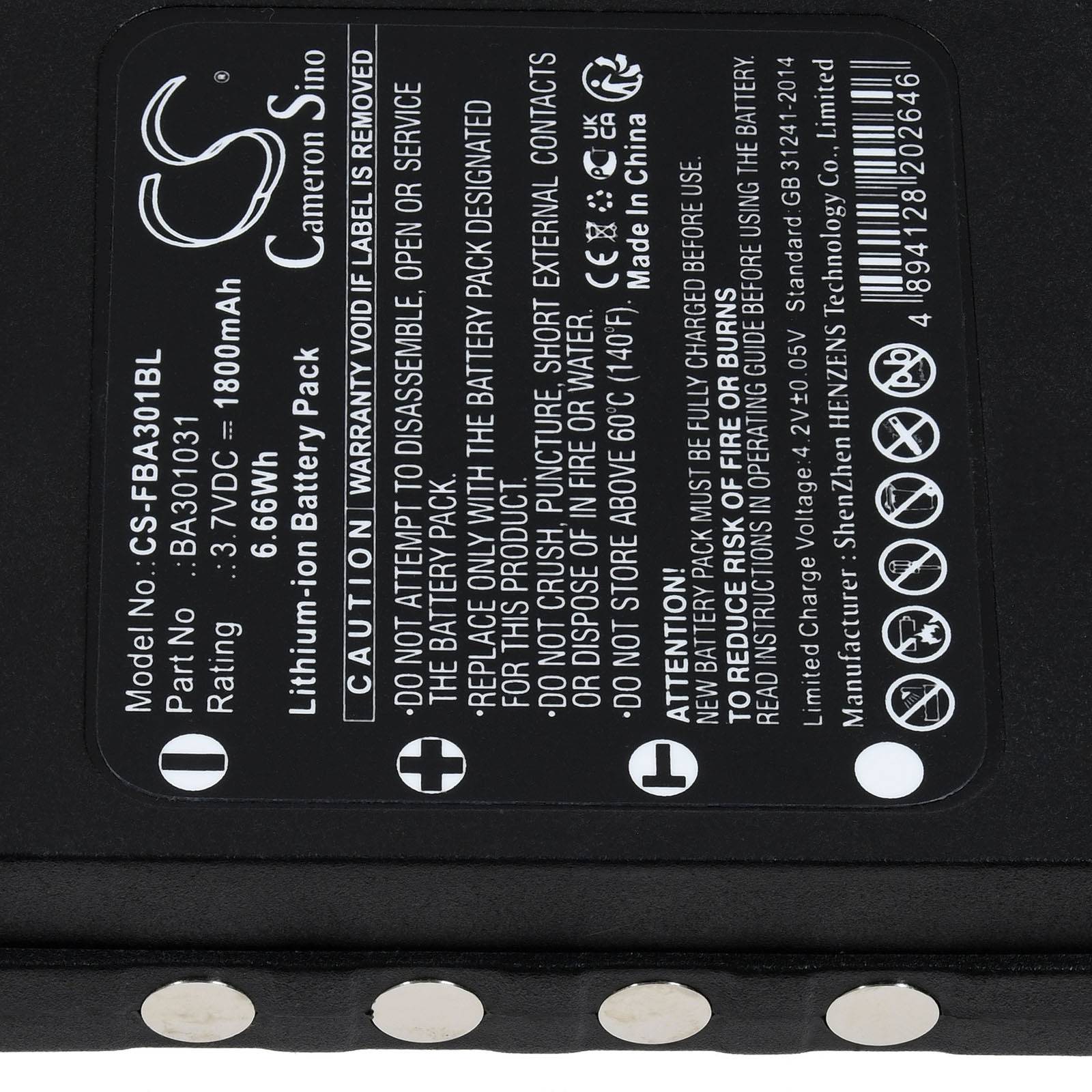 Schwarze Lithium-Ionen-Batterie mit Spezifikationen, einschließlich Modell (CS-FBA301BL), Spannung (3,6V), Kapazität (1800mAh) und Sicherheitswarnungen.