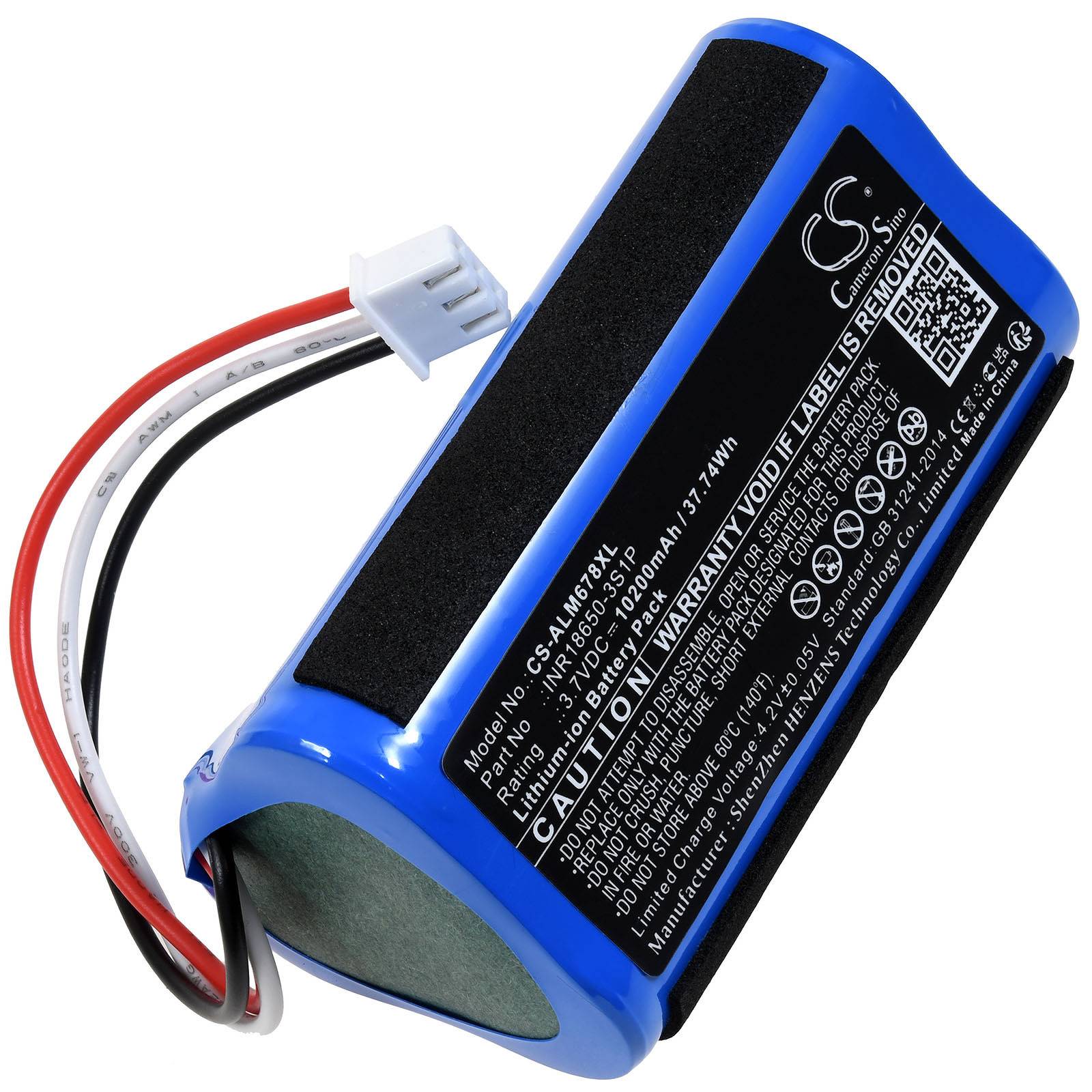 Ein blaues Batteriepack mit schwarzem Text, einschließlich der Modellnummer „CS-AMT087XL