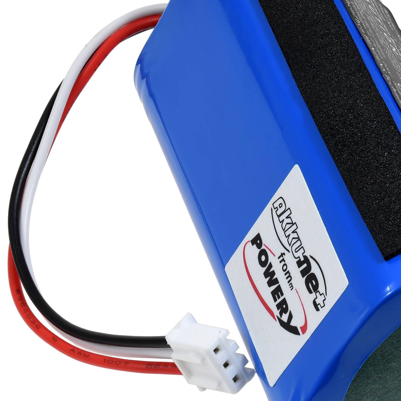 Eine blaue wiederaufladbare Batterie mit schwarzen und roten Kabeln, die das Label 'akku.net power' trägt.