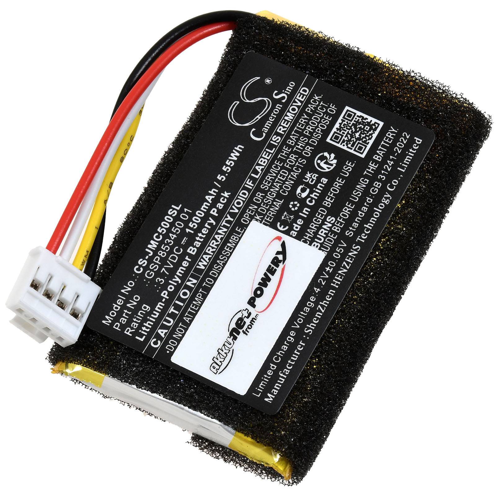 Ein schwarzes Batteriepaket mit einem Etikett mit der Modellbezeichnung „CS-MSC305SL