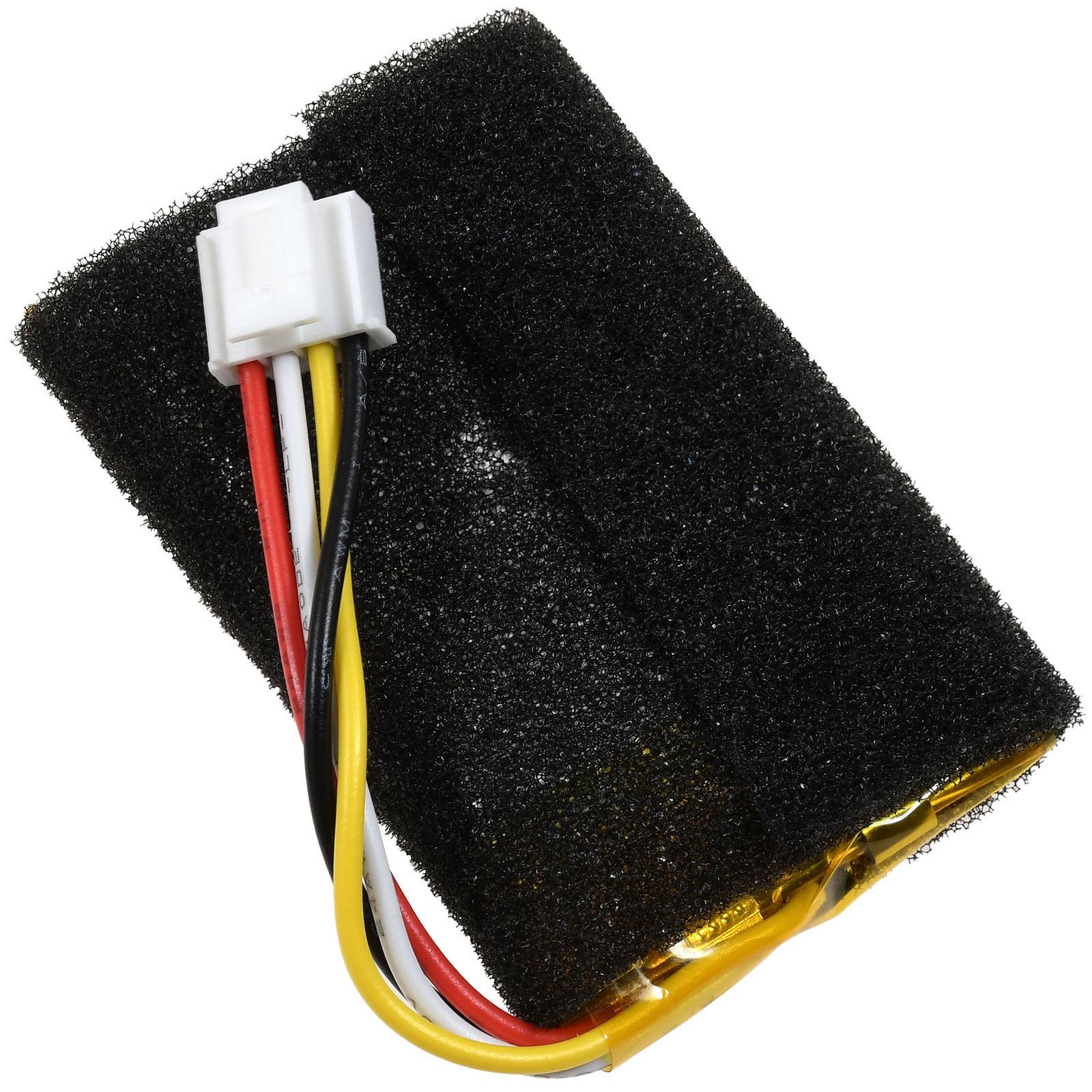 Ein kleines, rechteckiges schwarzes Batteriepack mit roten, schwarzen und gelben Kabeln, die mit einem weißen Kunststoffstecker oben verbunden sind.