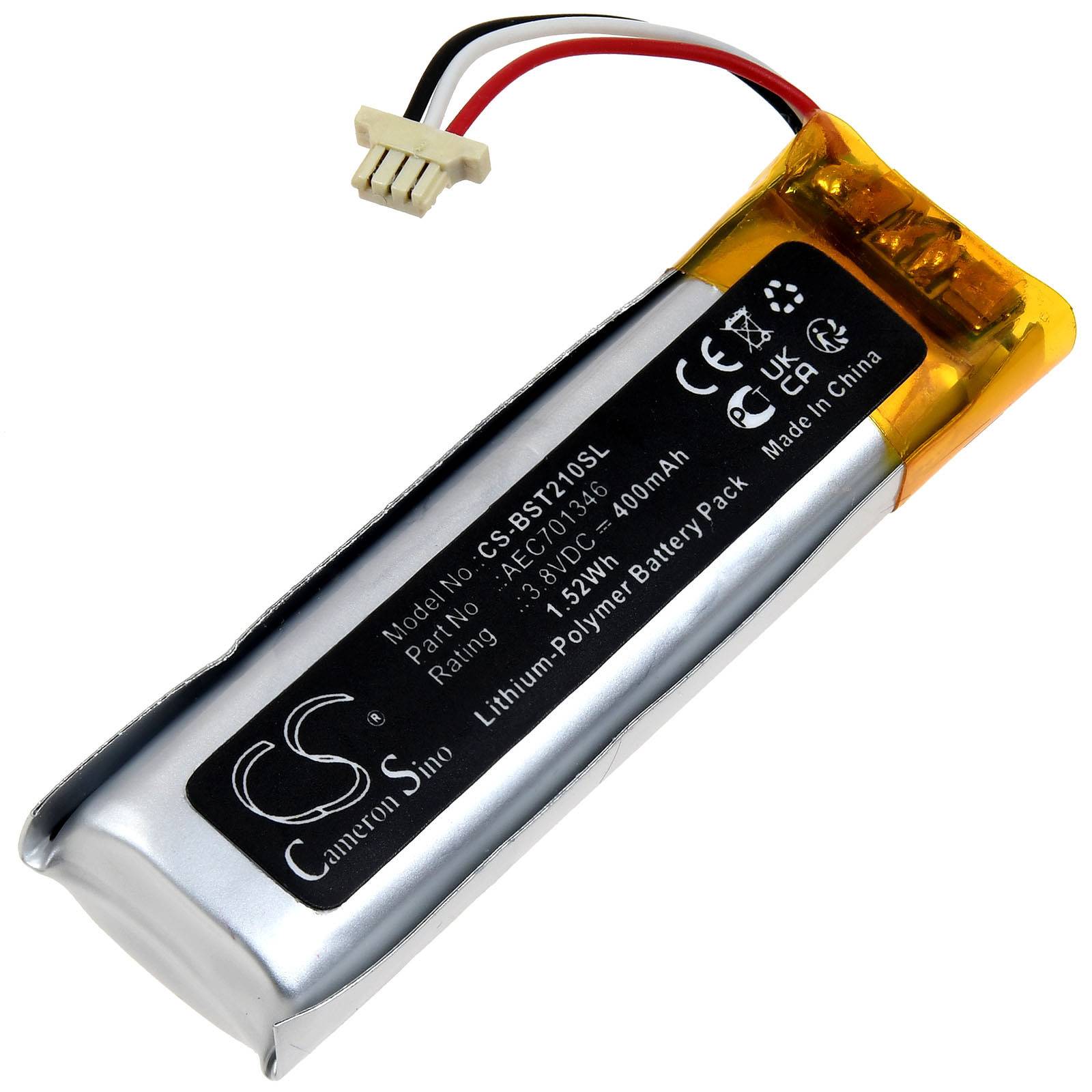 Ein rechteckiges Lithium-Polymer-Akkupack mit freigelegten Drähten und einem Stecker, gekennzeichnet mit Spezifikationen und Markeninformationen.