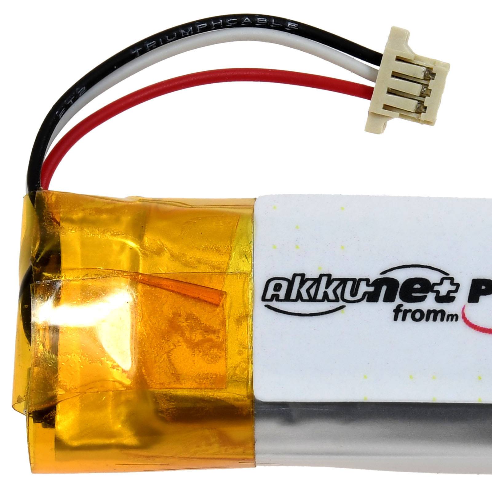 Ein Lithium-Polymer-Akkupack mit Drähten und einem Stecker, teilweise mit gelbem Klebeband abgedeckt, mit der Markenbezeichnung 