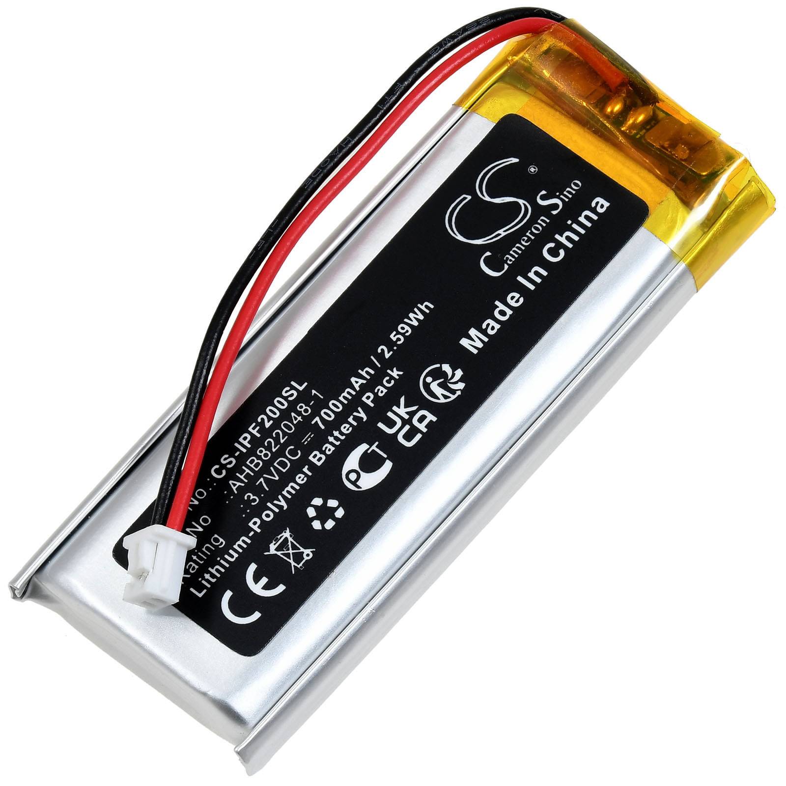 # Rechteckiger Lithium-Polymer-Akku mit schwarz-weißer Beschriftung, die Verbindungskabel zeigt. Das Etikett enthält Spezifikationen und Sicherheitssymbole.