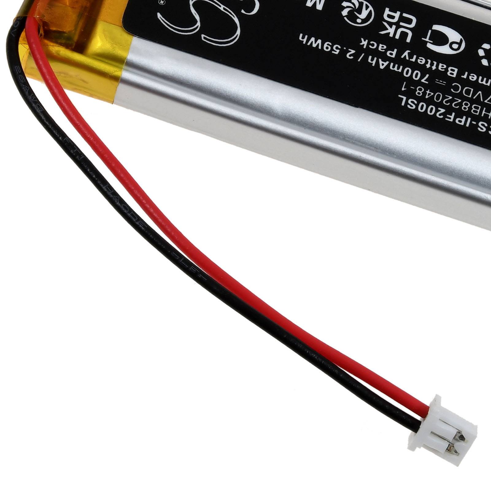 Eine kleine rechteckige Lithium-Polymer-Batterie mit roten und schwarzen Drähten, die von einem Ende herausragen.