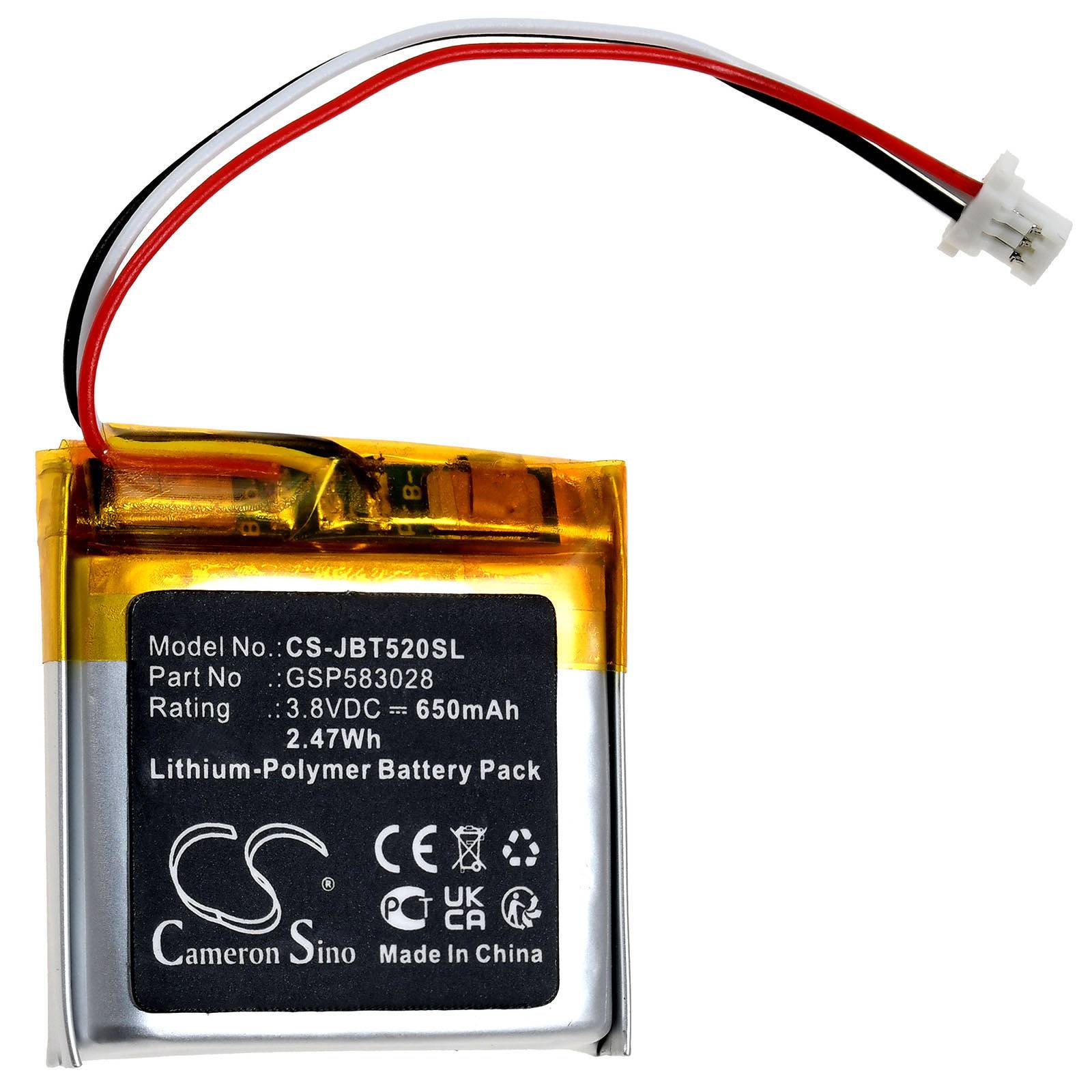 Ein quadratisches Lithium-Polymer-Akkupack mit Drähten und einem Stecker, zeigt das Modell 'CS-JBT520SL', Teil 'GSP053028', Nennwerte '3,8VDC, 650mAh'.