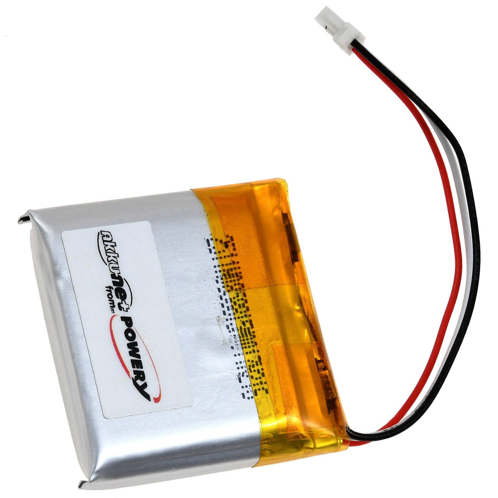 Ein Lithium-Polymer-Akku mit sichtbaren Drähten und einem weißen Stecker, der zum Stromversorgung kleiner elektronischer Geräte wie Drohnen oder RC-Autos verwendet wird.