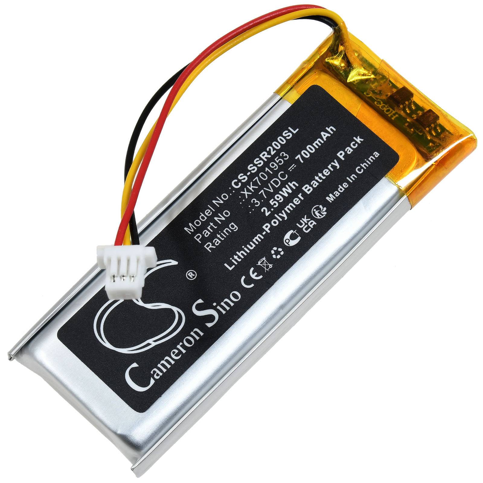 Ein Lithium-Polymer-Akku mit Kabeln und Stecker. Das Etikett lautet „Cameron Sino, 3,7V DC, 700mAh.