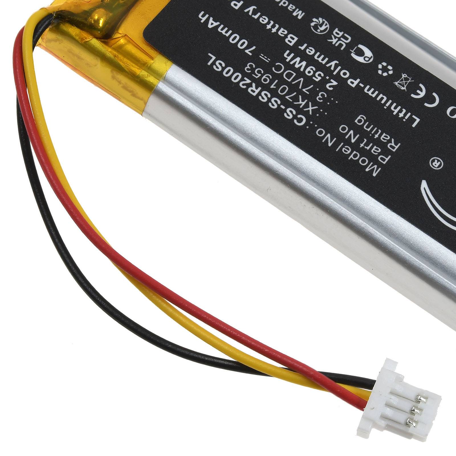 Eine kleine rechteckige Lithium-Polymer-Batterie mit roten, gelben und schwarzen Drähten, die in einem weißen Steckerkonnektors enden. Modell Nr.: CS-CS5230SL, 3,7V, 100mAh.