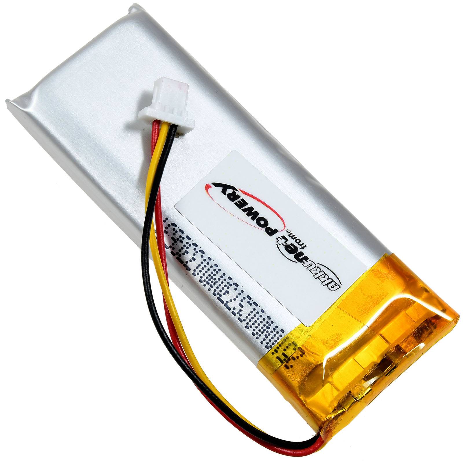 Ein rechteckiger Lithium-Polymer-Akku mit weißem Etikett, drei Drähten (rot, schwarz und gelb) und einem kleinen weißen Stecker, verwendet für Elektronik.