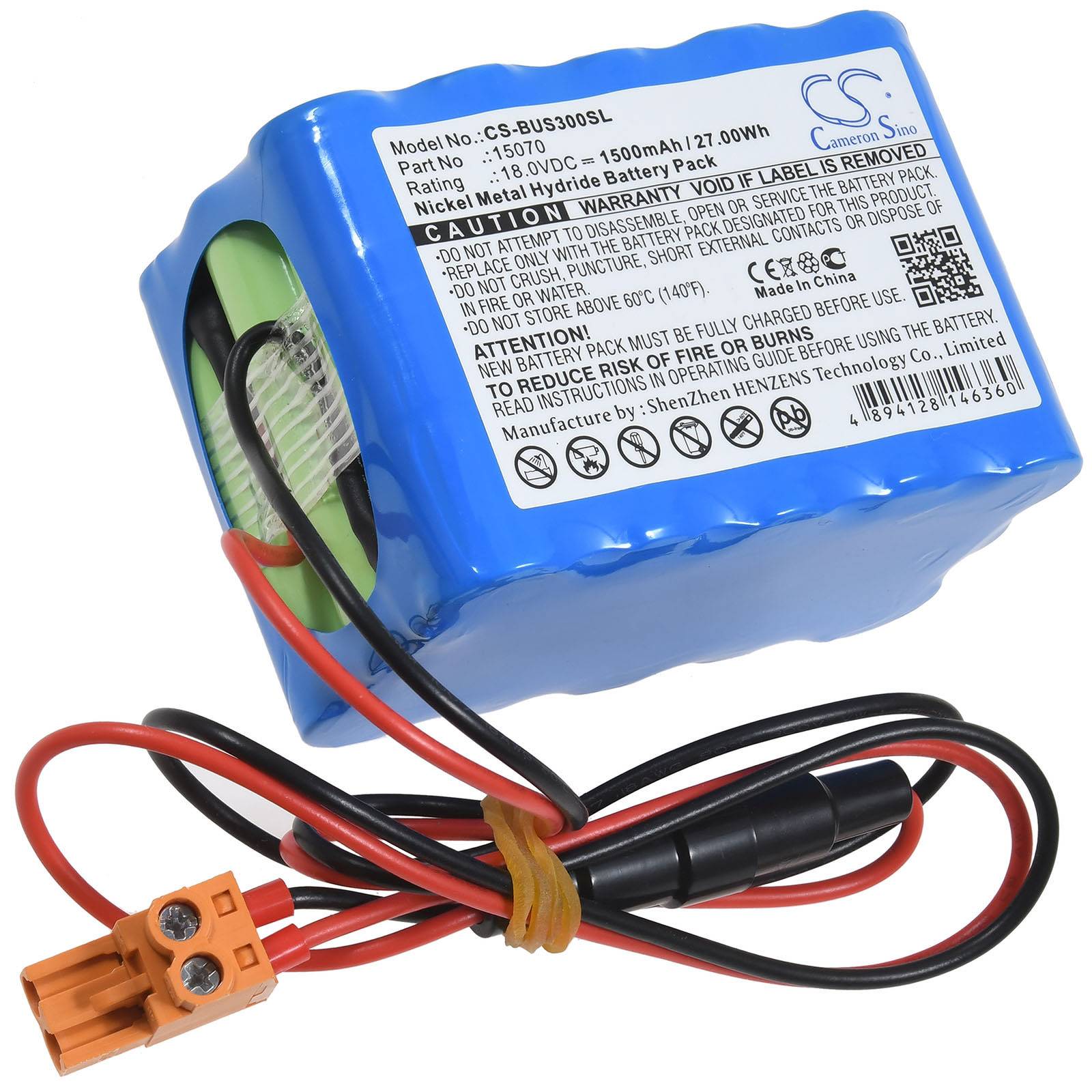 Ein blaues Nickel-Metall-Hydrid-Akkupack mit angebrachten roten und schwarzen Kabeln und einem orangefarbenen Stecker, mit Etikettentext, der Leistungsspezifikationen anzeigt.