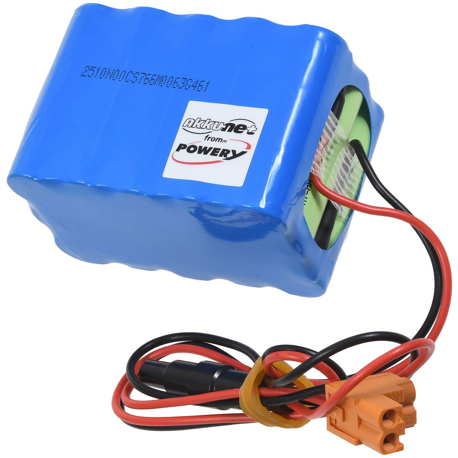 Ein blauer wiederaufladbarer Batteriepack mit roten und schwarzen Kabeln und einem orangefarbenen Stecker; gekennzeichnet mit 'Akku.net von POWERY'.