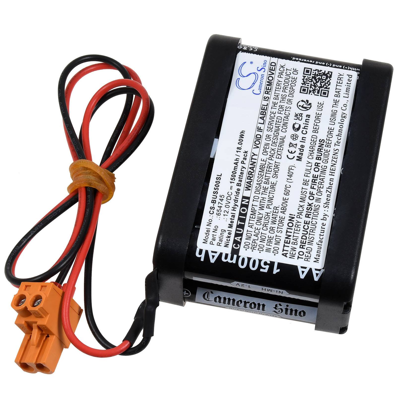 Eine rechteckige Lithium-Ionen-Batterie mit schwarzem Gehäuse, weißem Etikett mit Spezifikationsangaben und angebrachten roten und schwarzen Drähten, die an einem orangefarbenen Stecker enden.