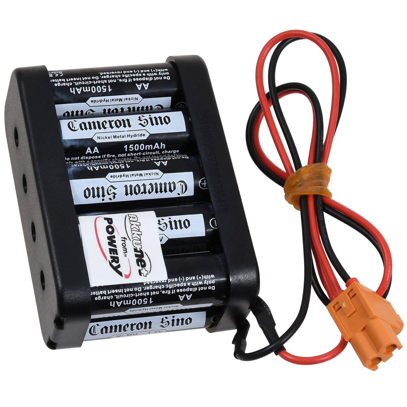 Ein schwarzes Batteriepaket mit acht AA-Batterien, roten und schwarzen Drähten und einem orangefarbenen Stecker.