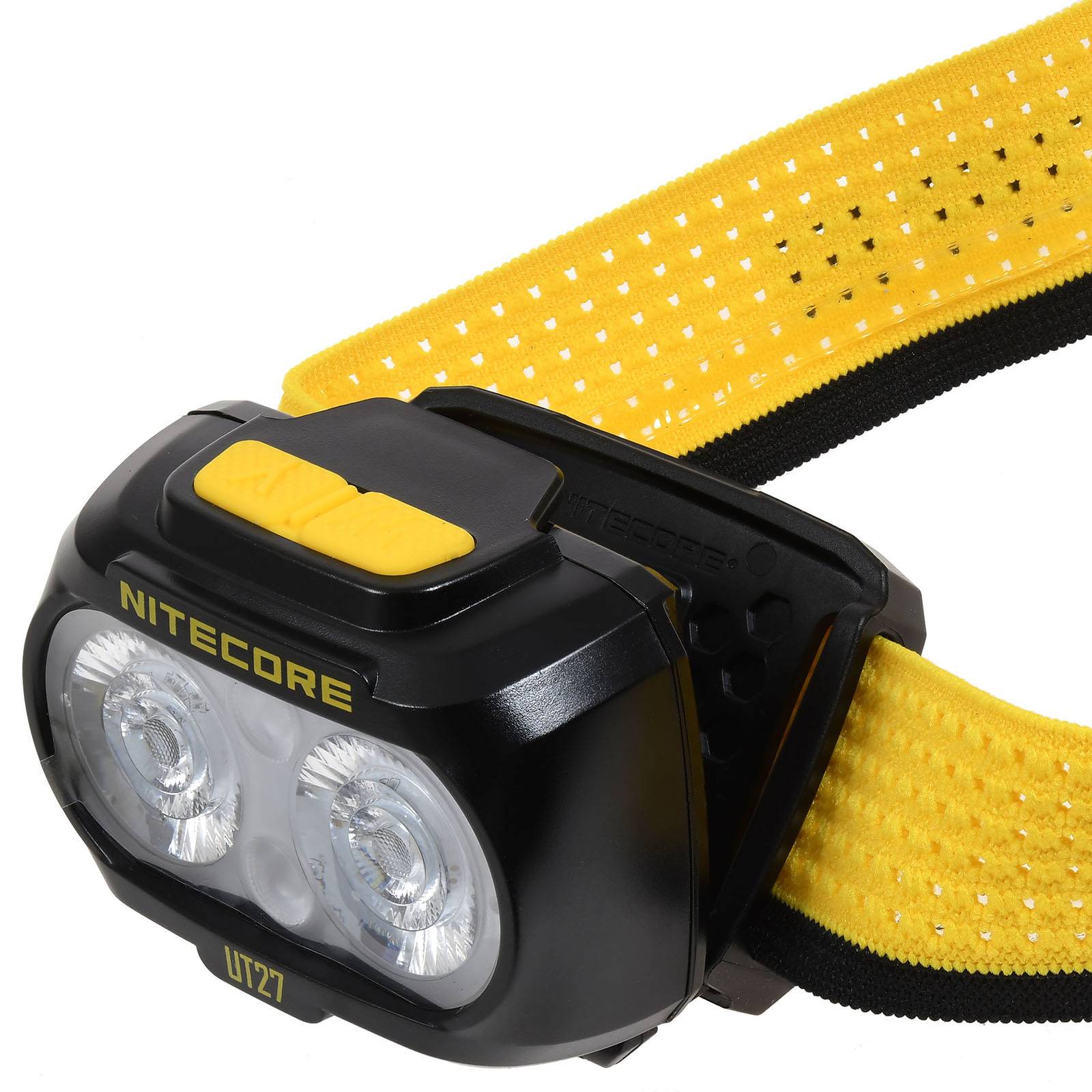 Schwarze und gelbe Kopflampe mit zwei LED-Leuchten, beschriftet mit „Nitecore UT27