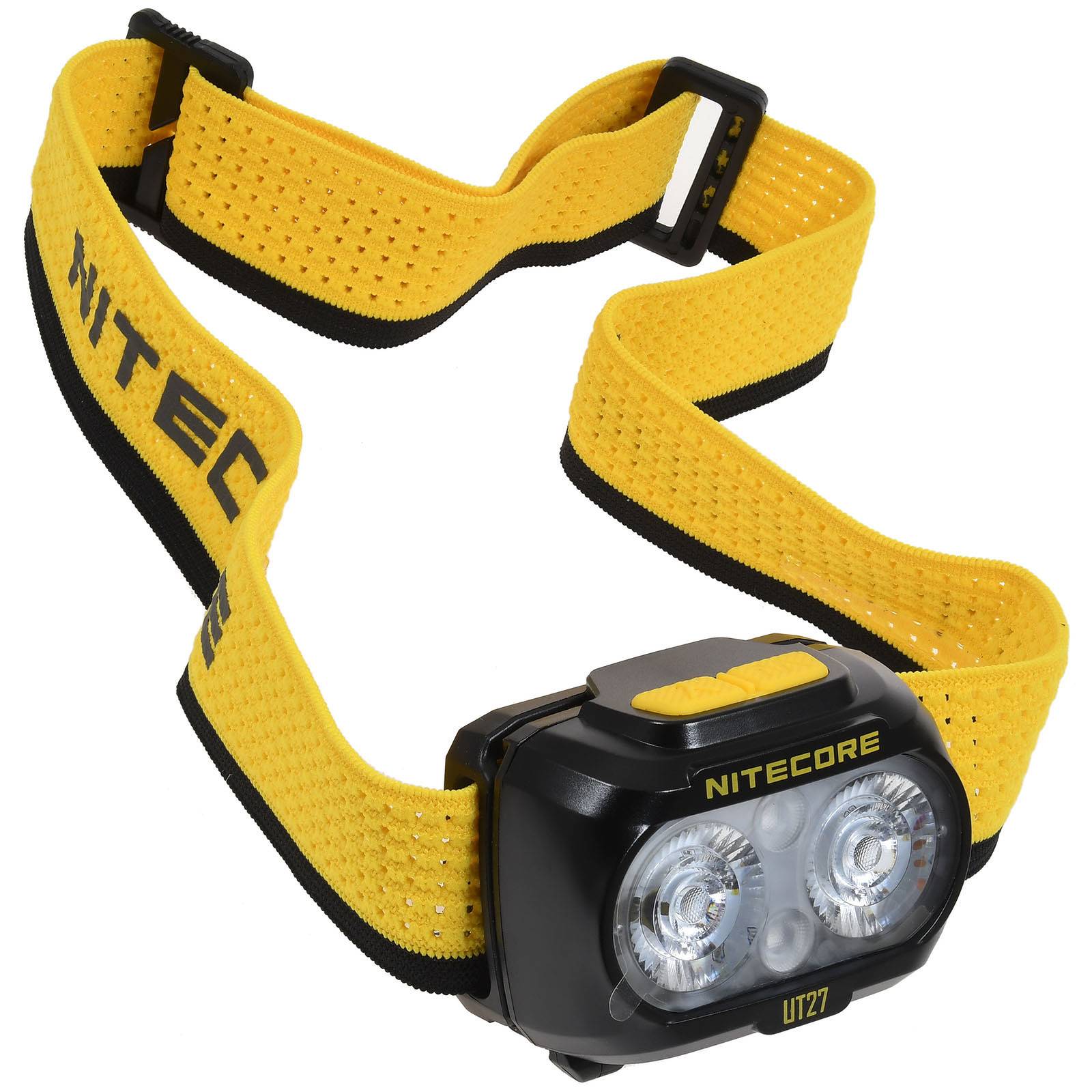 Gelbe Nitecore-Stirnlampe mit verstellbarem Riemen, ausgestattet mit zwei LED-Leuchten für Outdoor-Aktivitäten oder Arbeiten bei schlechten Lichtverhältnissen.