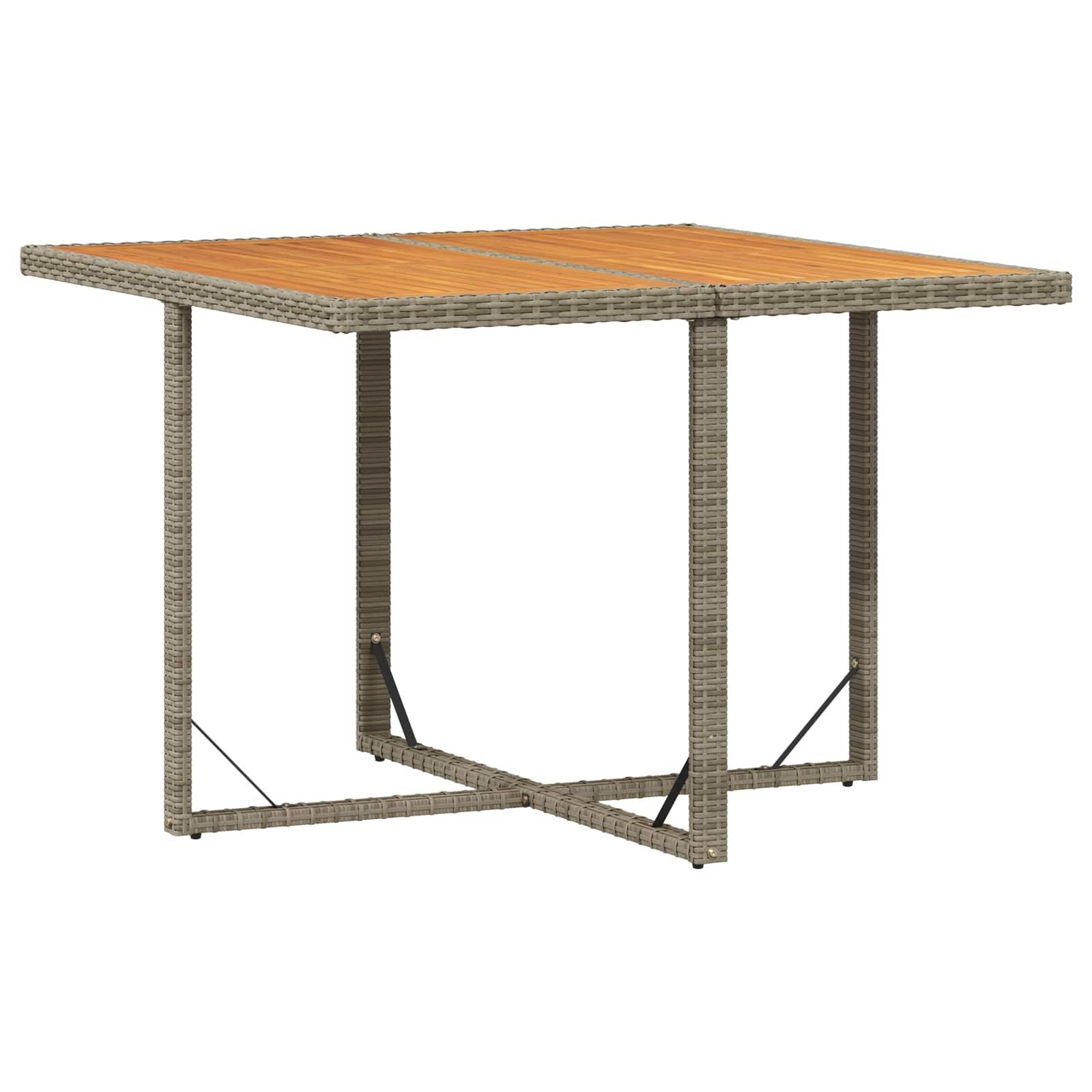 Ein rechteckiger Außentisch mit einer braunen Holzplatte und grauen Beinen im Rattanstil, entworfen für die Nutzung auf Terrasse oder im Garten.
