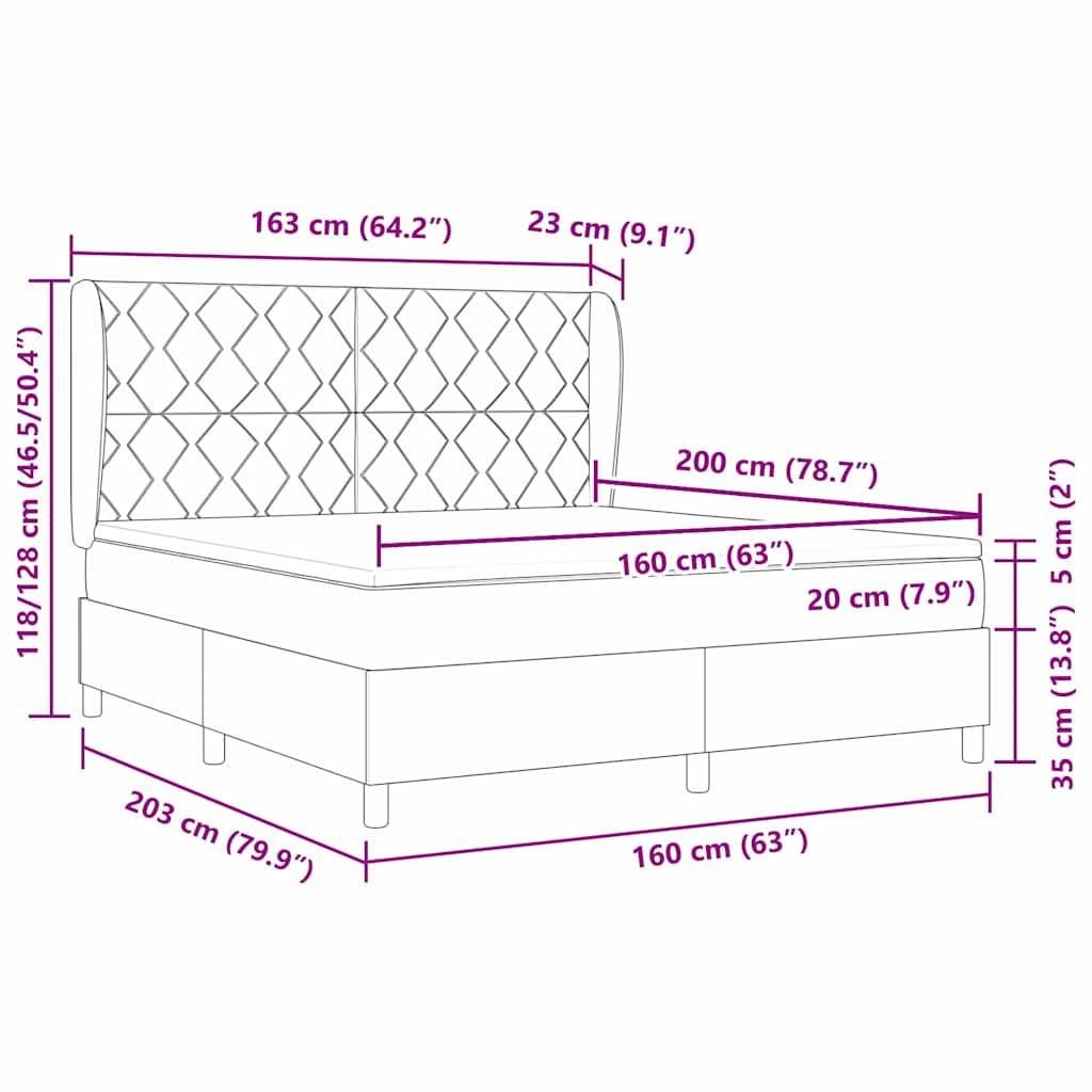 Eine Strichzeichnung eines Bettes mit Abmessungen: Länge 203 cm, Breite 160 cm, Kopfteilhöhe 118/121 cm, Basishöhe 35 cm, Matratzengröße 200 x 160 cm.