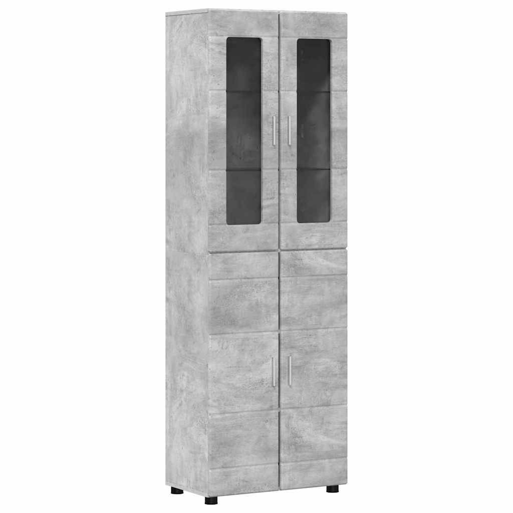 Ein hohes, graues Lagerschrank mit Betontextur, mit vier unteren Schubladen und zwei oberen Glastüren, geeignet zur Heimorganisation.