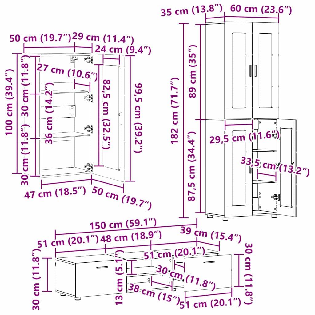 vidaXL TV-Schrankset mit Tür FLORIN 3 pcs Graues Sonoma Holzwerkstoff