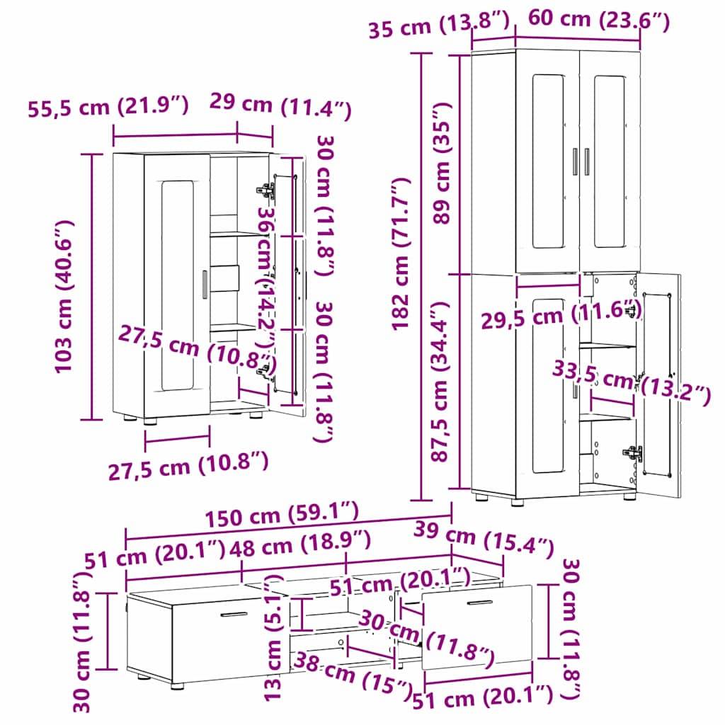 vidaXL TV-Schrankset mit Schubladen FLORIN 3 pcs Altholz Holzwerkstoff