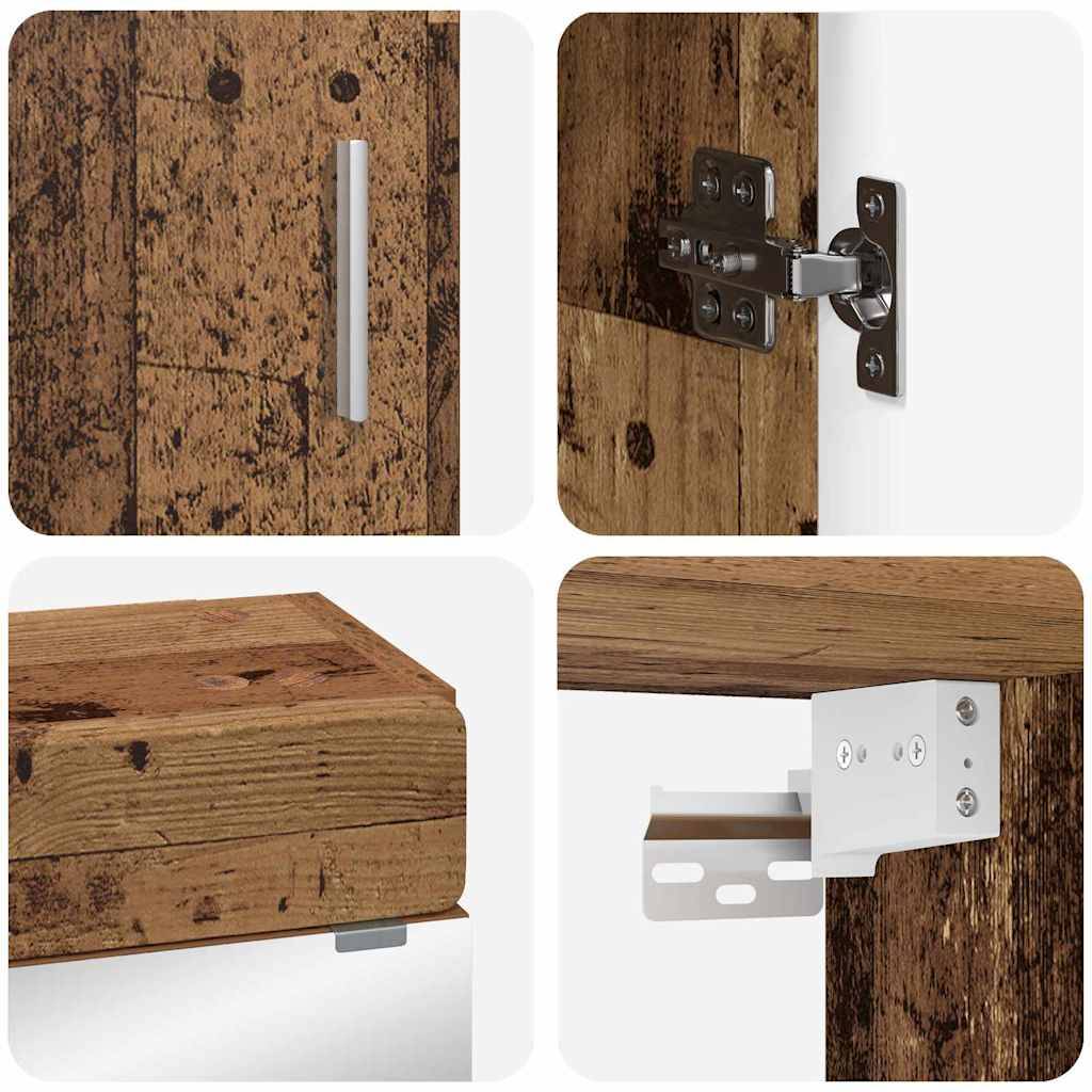 Holzunterhaltungszentrum mit zwei hohen Schränken mit Glastüren oben und geschlossenem Stauraum unten, verbunden durch ein niedriges TV-Ständer.