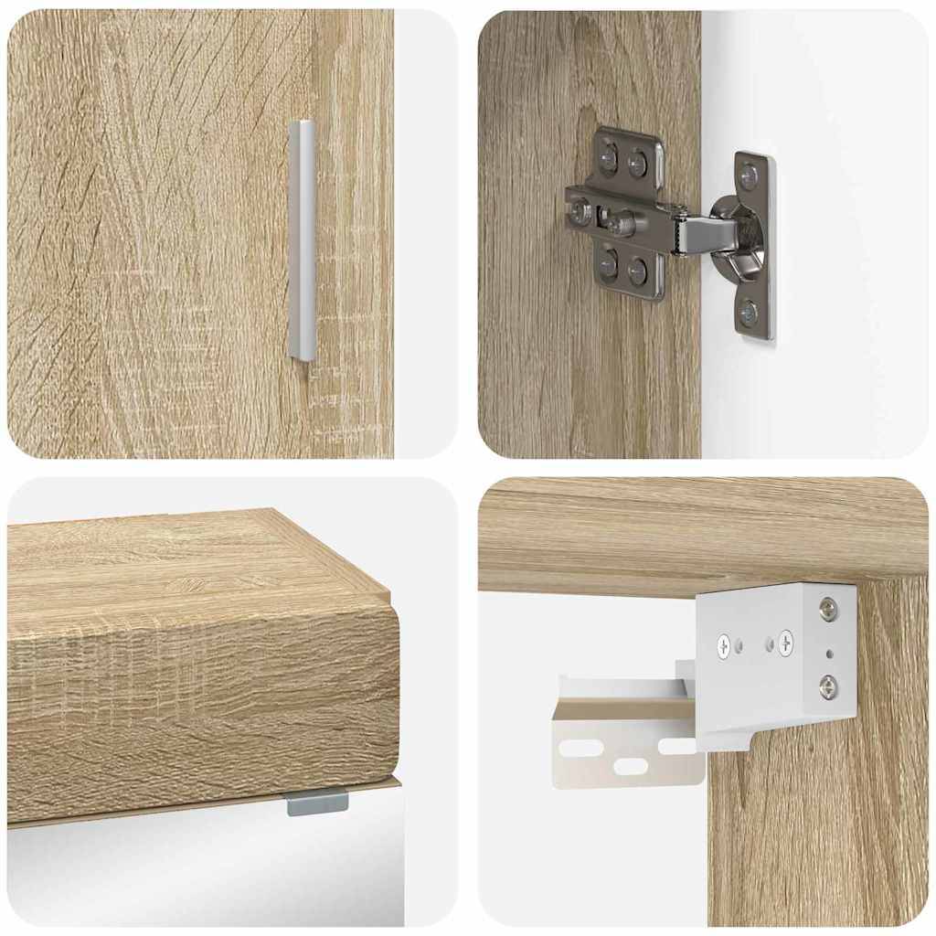 Vier Nahaufnahmen: Metallgriff auf Holzschrank, Scharnier an der Tür, Eckansicht der Schrankoberfläche und Wandmontageklammer.