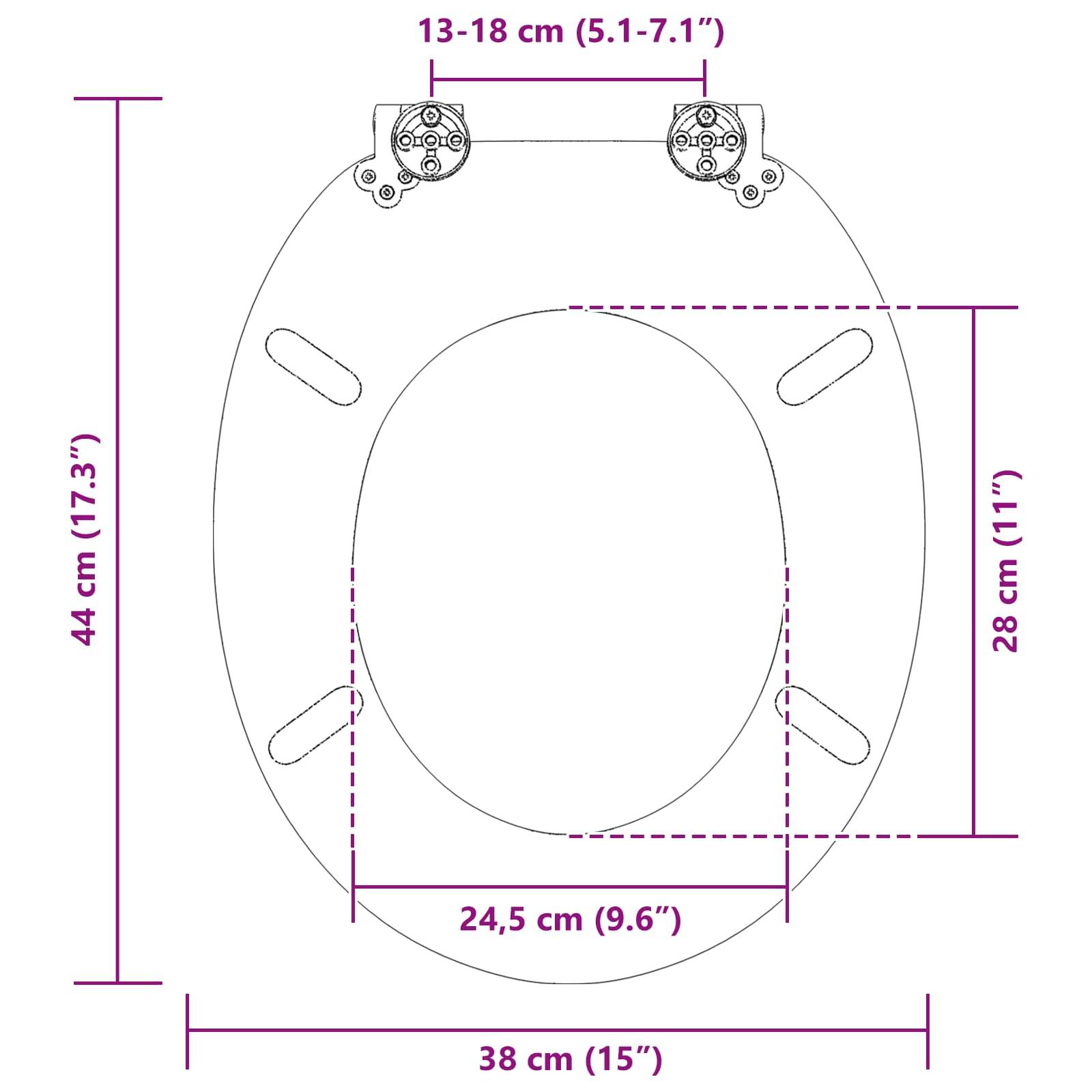 Diagramm eines Toilettensitzes mit Abmessungen: Länge 44 cm, Scharnierbreite 13-18 cm, Sitzbreite 38 cm, Innenbreite 24,5 cm, Öffnungslänge 28 cm.