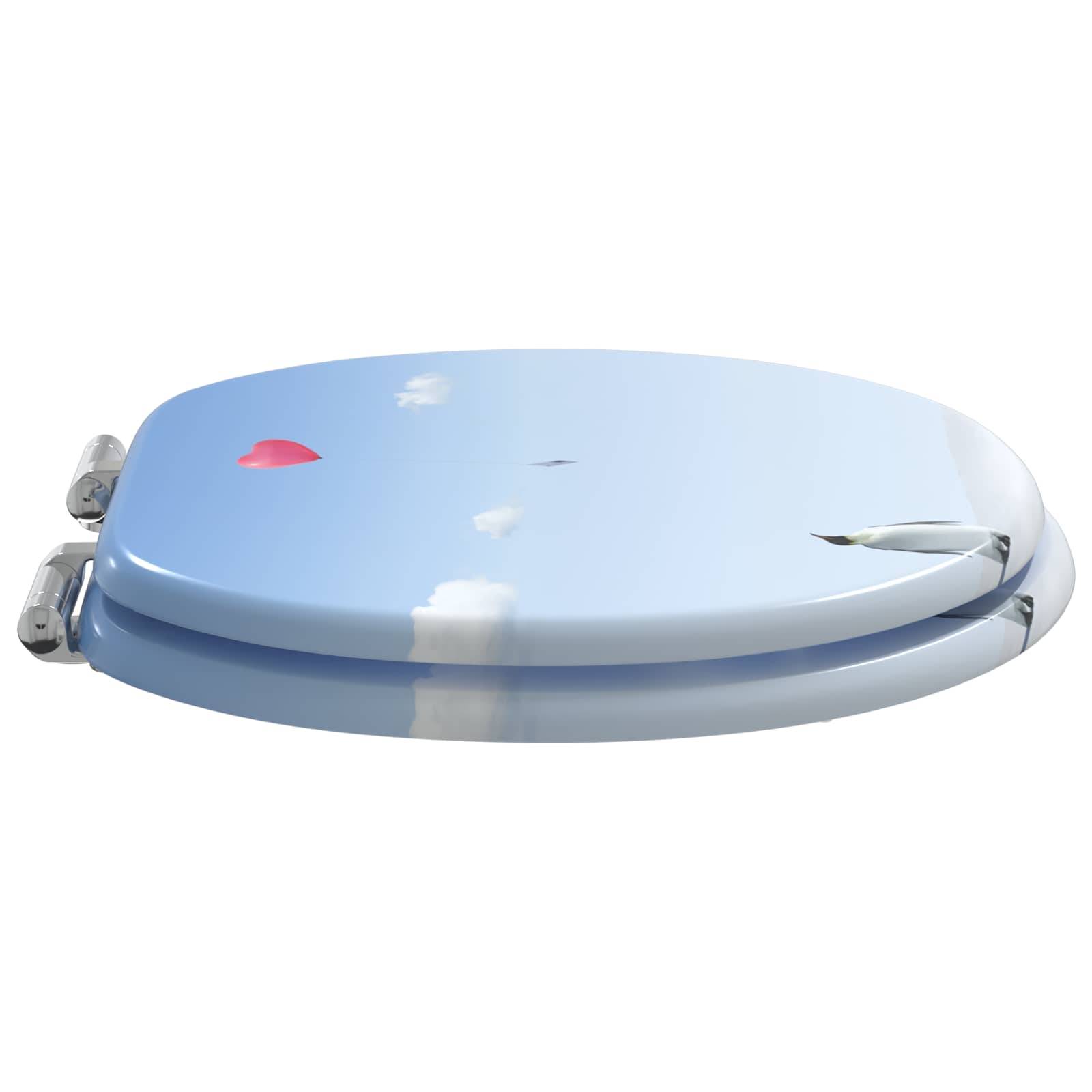 Ein Toilettensitz mit einem Himmel- und Wolkendesign, auf dem ein kleiner herzförmiger roter Ballon nach oben schwebt.