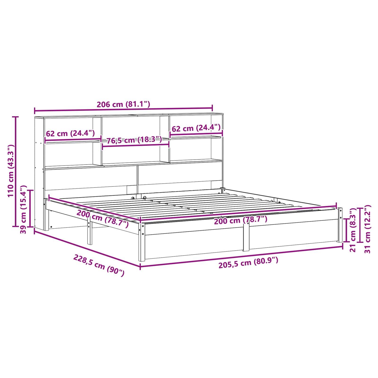 Ein Diagramm eines Bettes mit Maßen: Höhe 110 cm, Breite 206 cm, Tiefe 228,5 cm. Die Matratzenauflage beträgt 200 cm x 200 cm.