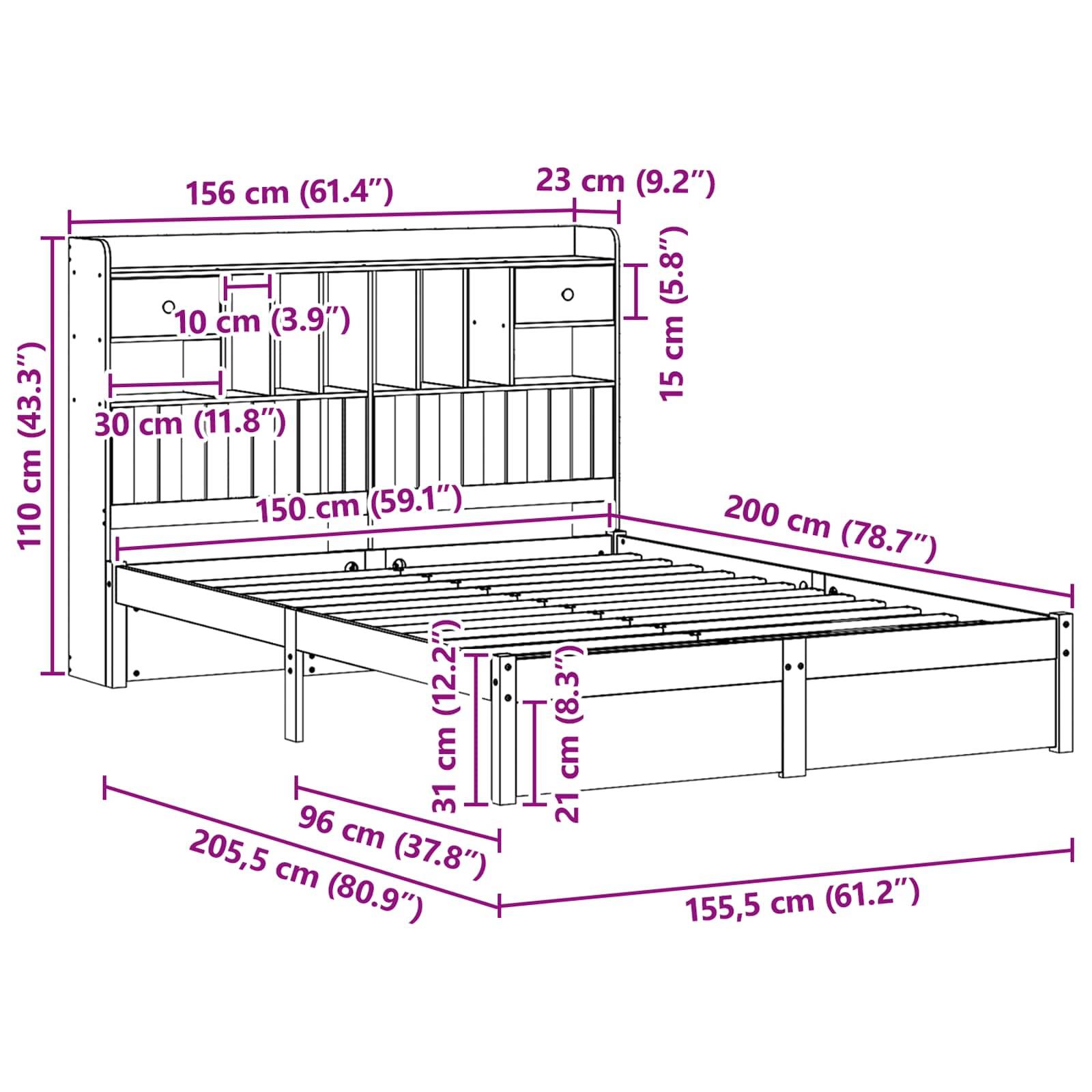 Abmessungen eines Betts mit Kopfteil: Breite 156 cm (61,4