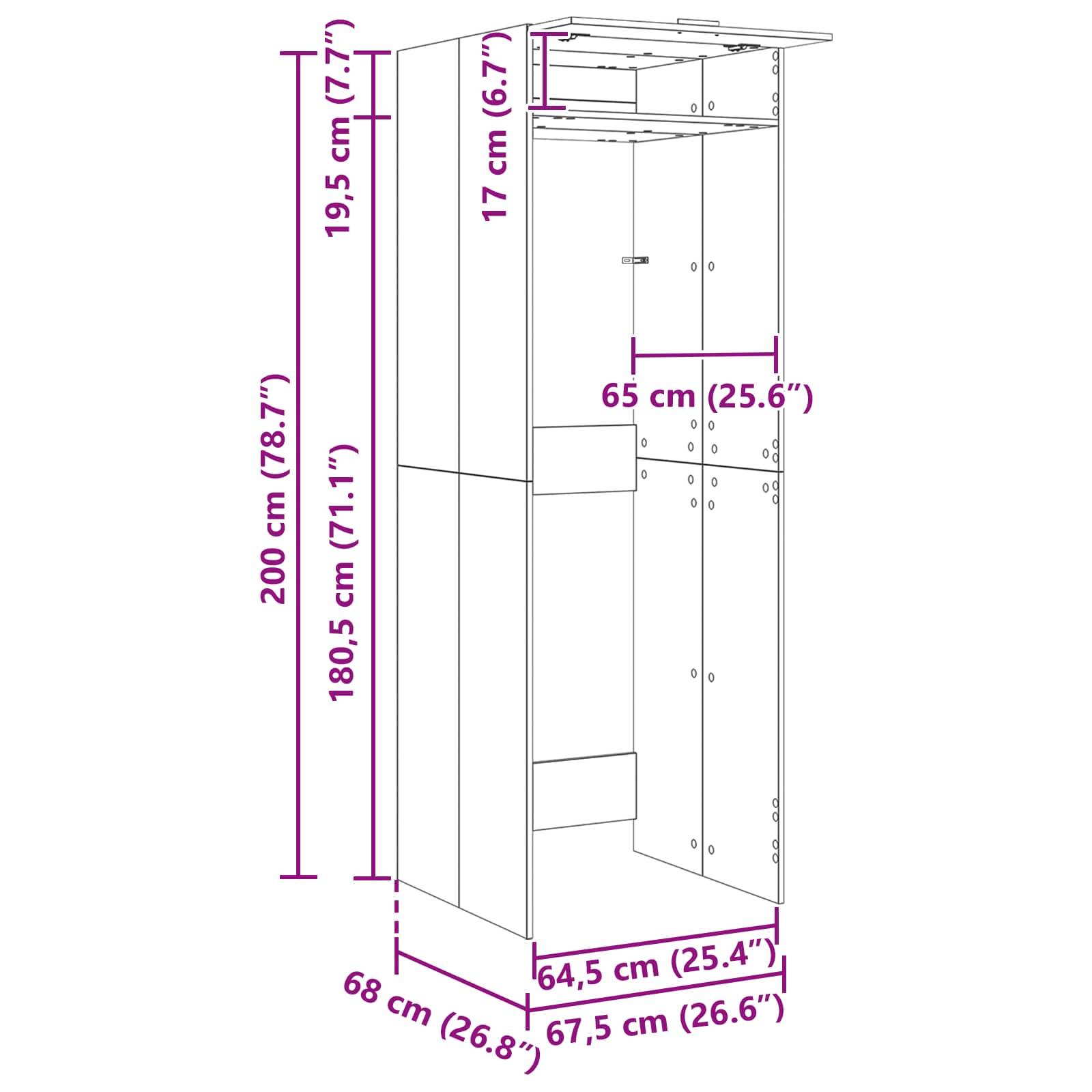 Ein hoher Kleiderschrank mit Abmessungen: Höhe 200 cm (78,7