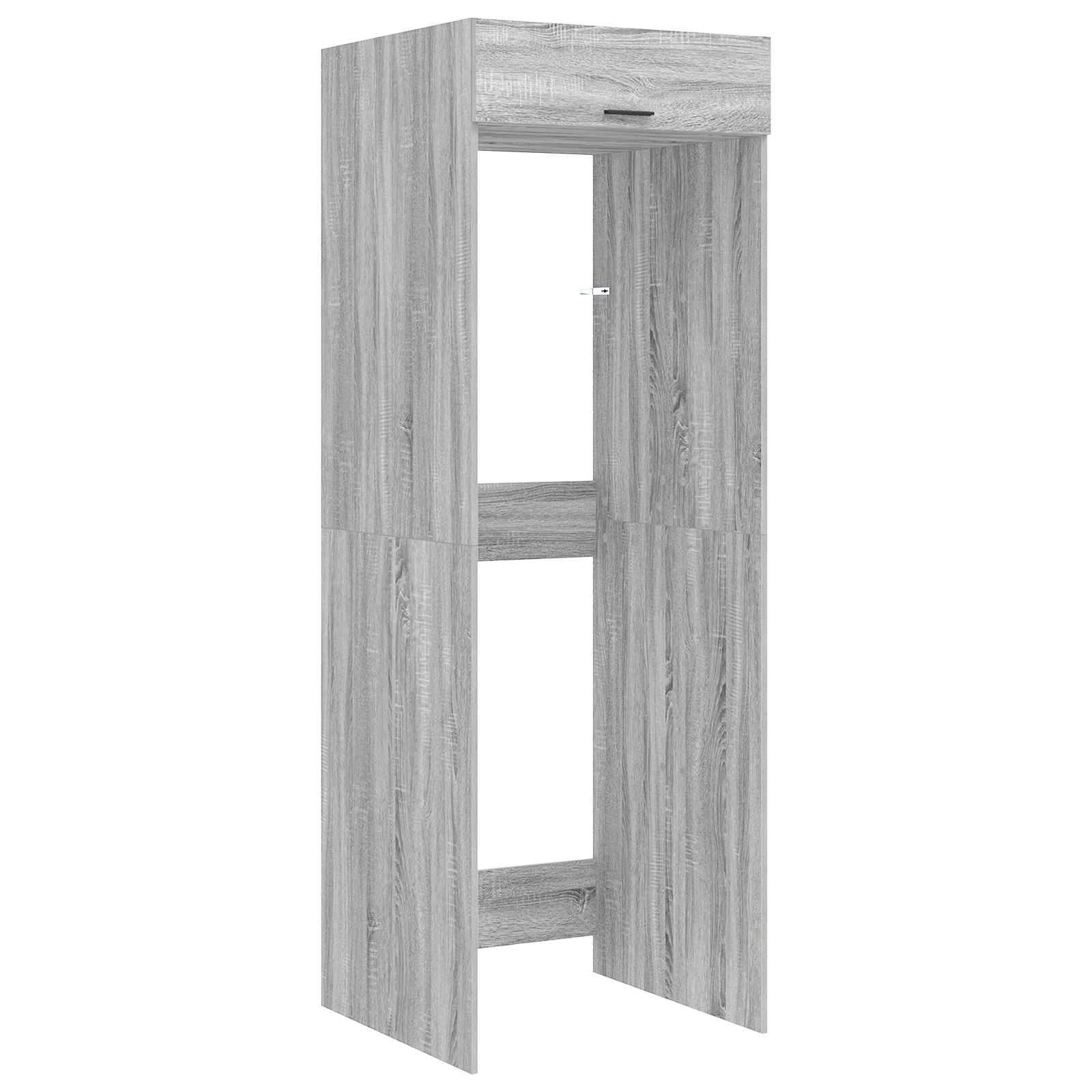 Hoher grauer Holzkleiderschrank mit zwei Türen an der Vorderseite und einer oberen Schublade, gezeigt auf weißem Hintergrund.