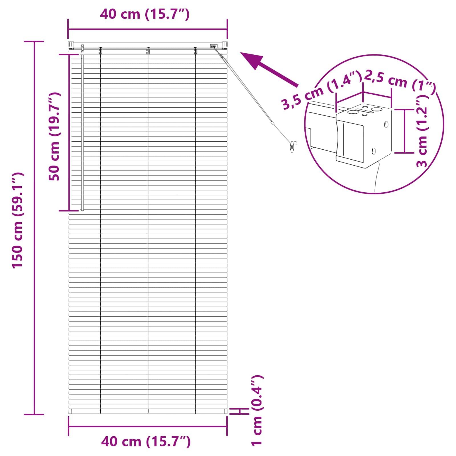 Diagramm von Fensterjalousien mit Maßen: 150 cm (59,1