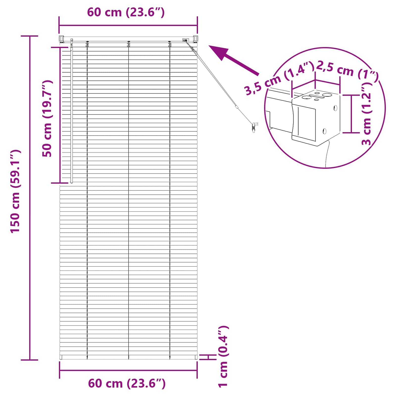 Illustration eines Fensterrollos mit Abmessungen: 150 cm hoch, 60 cm breit. Installationsentfernungsdetails: 3-5 cm vom Fenster.