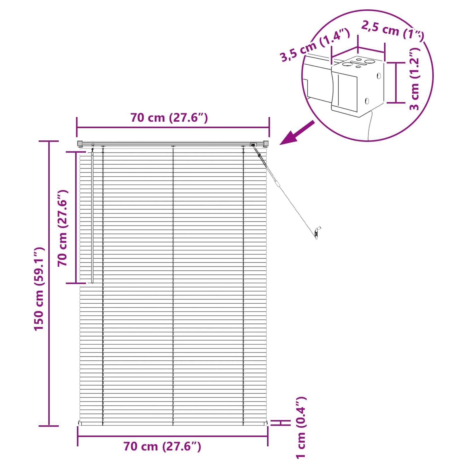 „Diagramm eines Rollos mit einer Höhe von 150 cm und einer Breite von 70 cm, mit Installationshaltermaßen von 3,5 cm Höhe und 2,5 cm Tiefe.