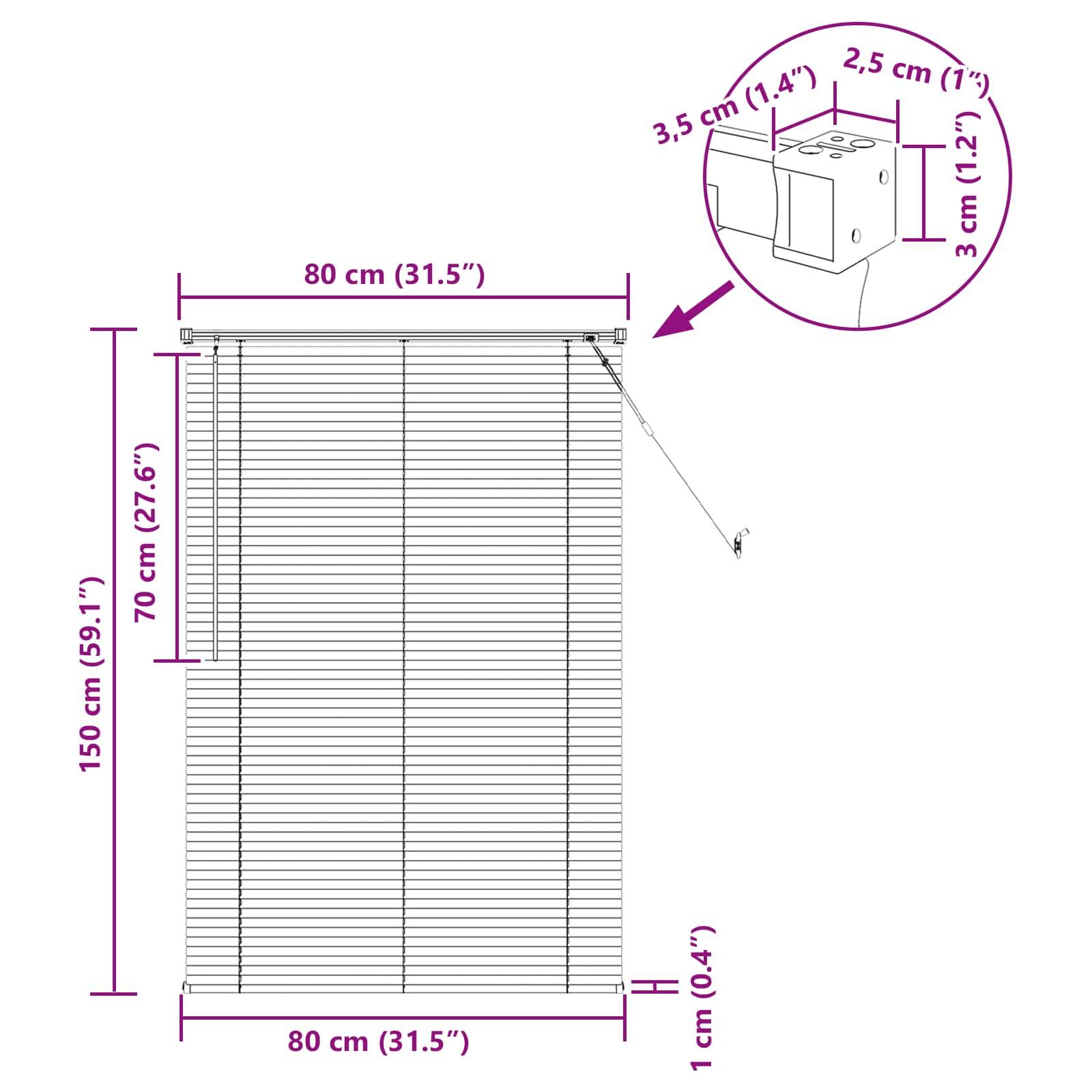 Diagramm von Fensterjalousien mit Maßangaben. Breite: 80 cm (31,5'), Höhe: 150 cm (59,1'). Knopfdetails: 3,5 cm (1,4'), 2,5 cm (1'), 3 cm (1,2').