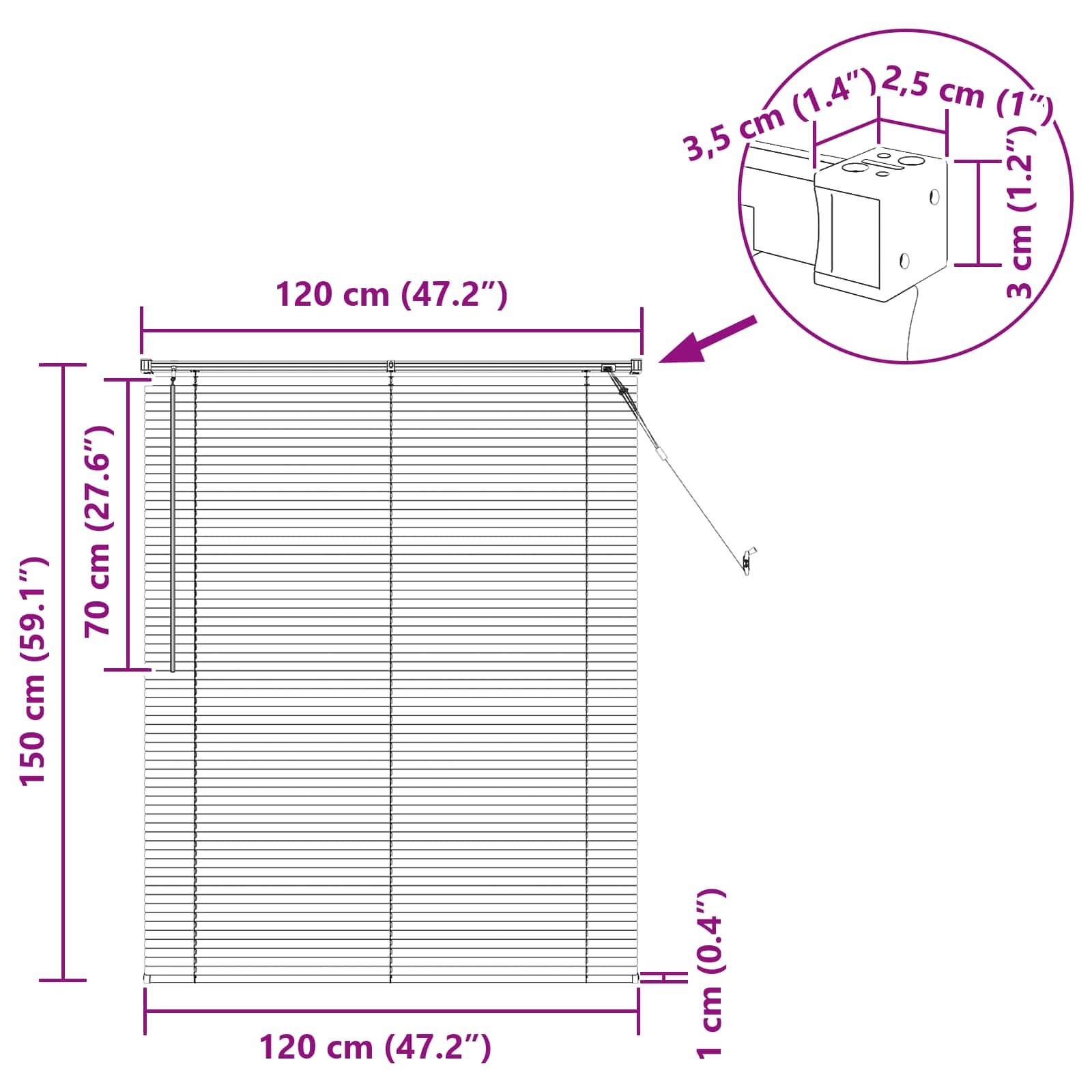 Diagramm einer Fensterblende mit Maßen: 120 cm breit, 150 cm hoch, Montagetiere 3 cm. Enthält Detailzeichnung der Montage.