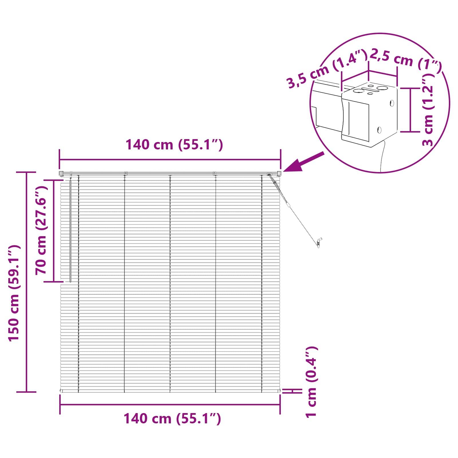 Ein Diagramm zeigt die Installationsabmessungen für ein Fensterrollo: 150 cm hoch, 140 cm breit, Halterungstiefe 4 cm, mit einem Zugstrang auf der rechten Seite.