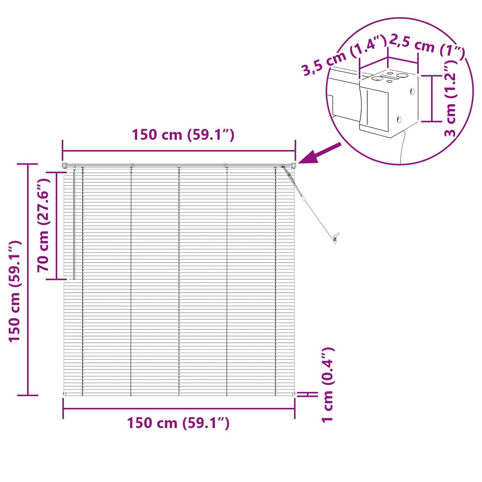 Schemazeichnung einer Fensterrollo mit Abmessungen: Breite 150 cm (59,1