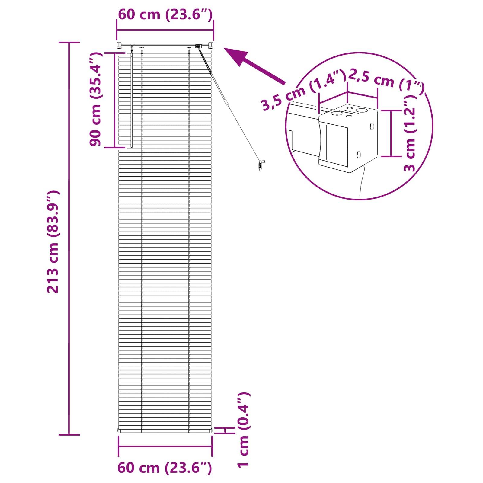 Diagramm von Vertikaljalousien mit Maßen: Breite 60 cm (23,6