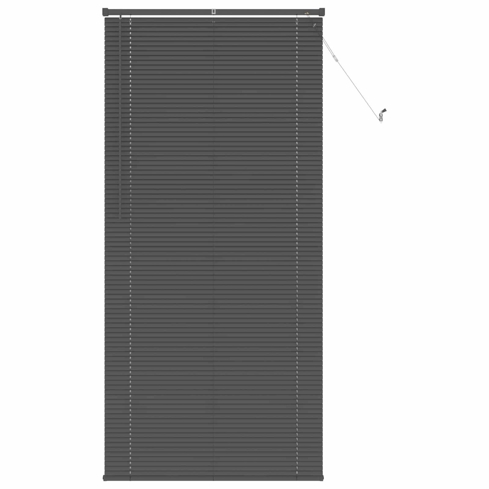 Ein schwarzes Rollrollo mit angebrachter Zugschnur hängt vertikal.