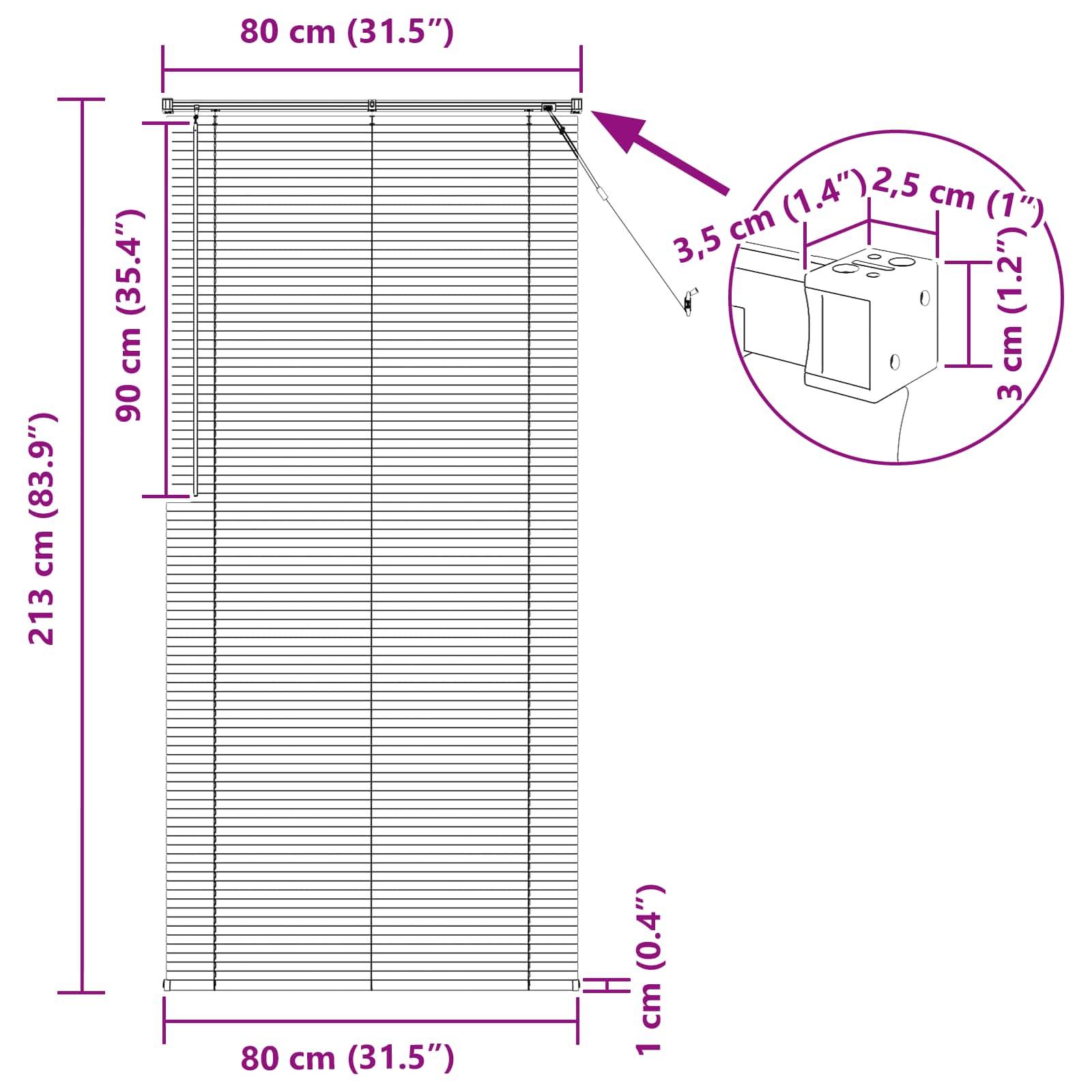 Diagramm zur Veranschaulichung der Abmessungen eines Rollos: Höhe 213 cm, Breite 80 cm; Überstand 90 cm oben, 1 cm unten. Montagedetail abgebildet.