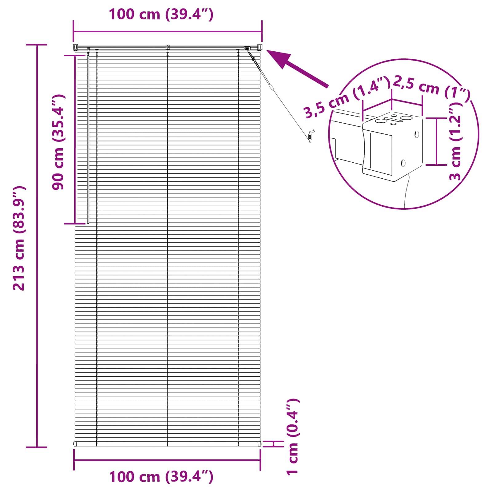 Diagramm mit den Abmessungen eines Fensterrollos: 213 cm (Höhe), 100 cm (Breite), mit Montageanweisungen einschließlich Platz für Halterungen.